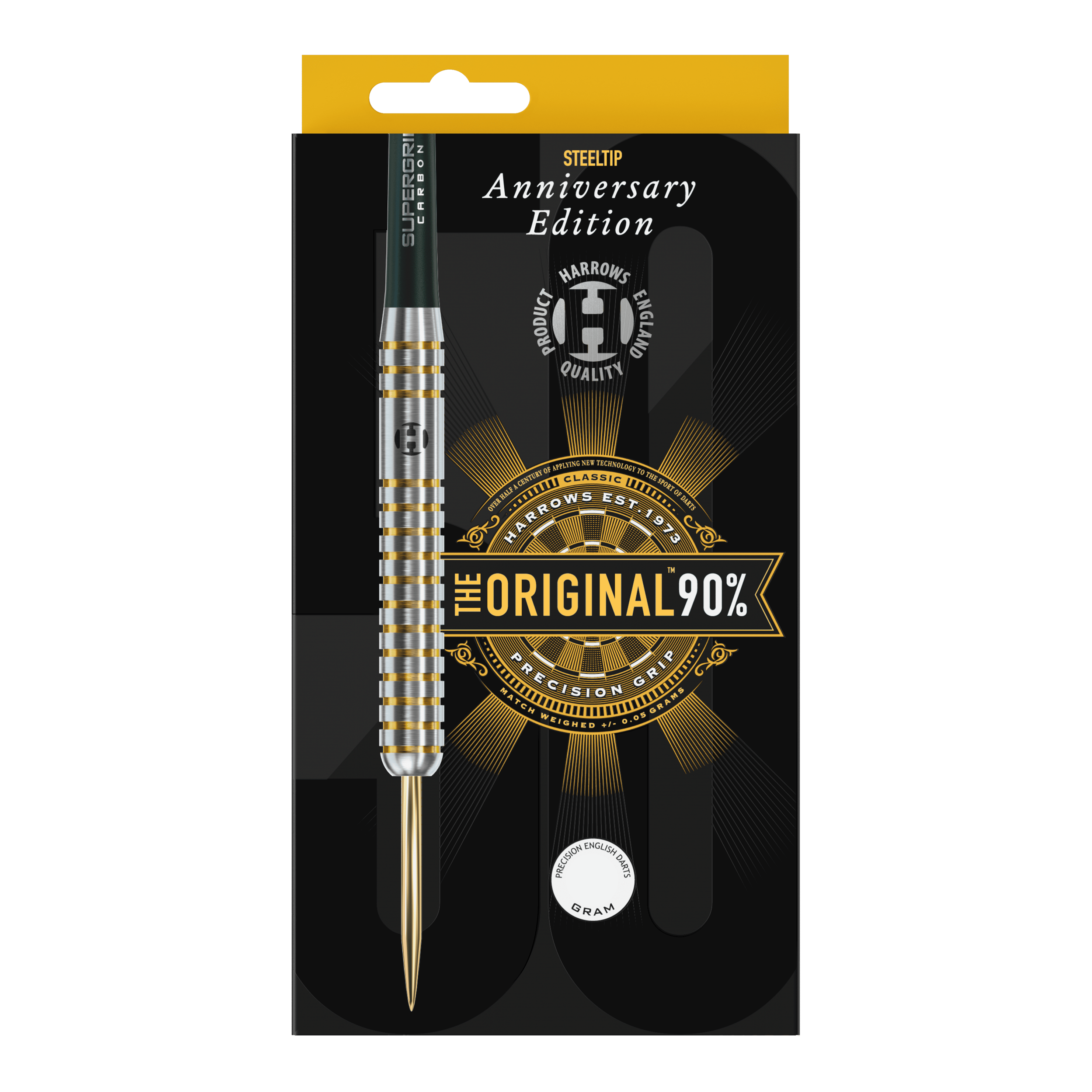 Harrows Anniversary Edition L'originale Steeldarts Auf dem Bild ist eine Packung mit einem Steeldart der Marke Harrows zu sehen. Die Verpackung zeigt die Aufschrift „Anniversary Edition“ und „The Original 90%“.