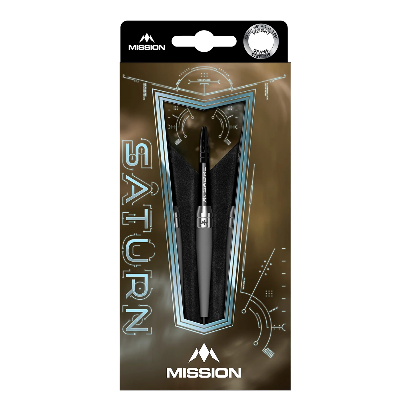 Freccette in acciaio della Missione Saturn Titan Das Bild zeigt die Mission Saturn Titan Steeldarts in ihrer Verpackung. Die Verpackung ist modern gestaltet und hebt den Dart in der Mitte hervor.