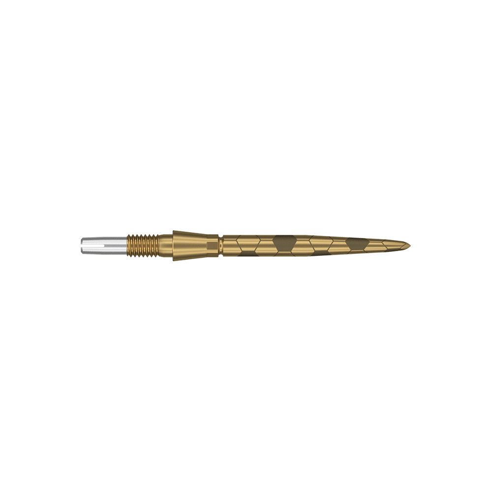 Punte per freccette Target Swiss Storm Onyx Point - Oro Das Bild zeigt eine goldfarbene Dartspitze mit feinen eingravierten Mustern. Sie hat eine schlanke, spitz zulaufende Form und ist 26 mm lang.