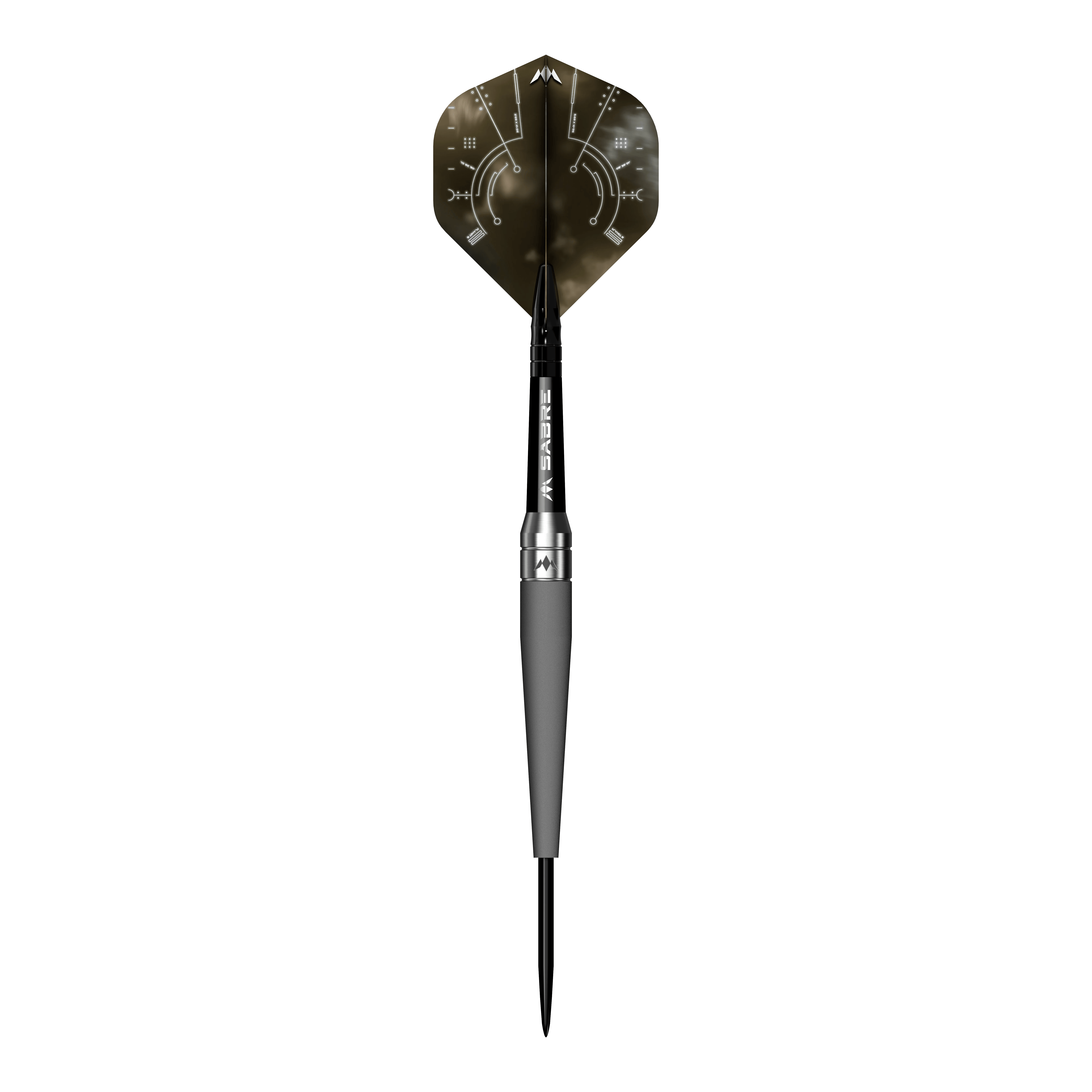 Freccette in acciaio della Missione Saturn Titan Das Bild zeigt einen einzelnen Steeldart mit dem Namen "Mission Saturn Titan Steeldarts". Der Dartpfeil hat ein dunkles Design mit metallischen und grafischen Elementen auf der Flugfeder.