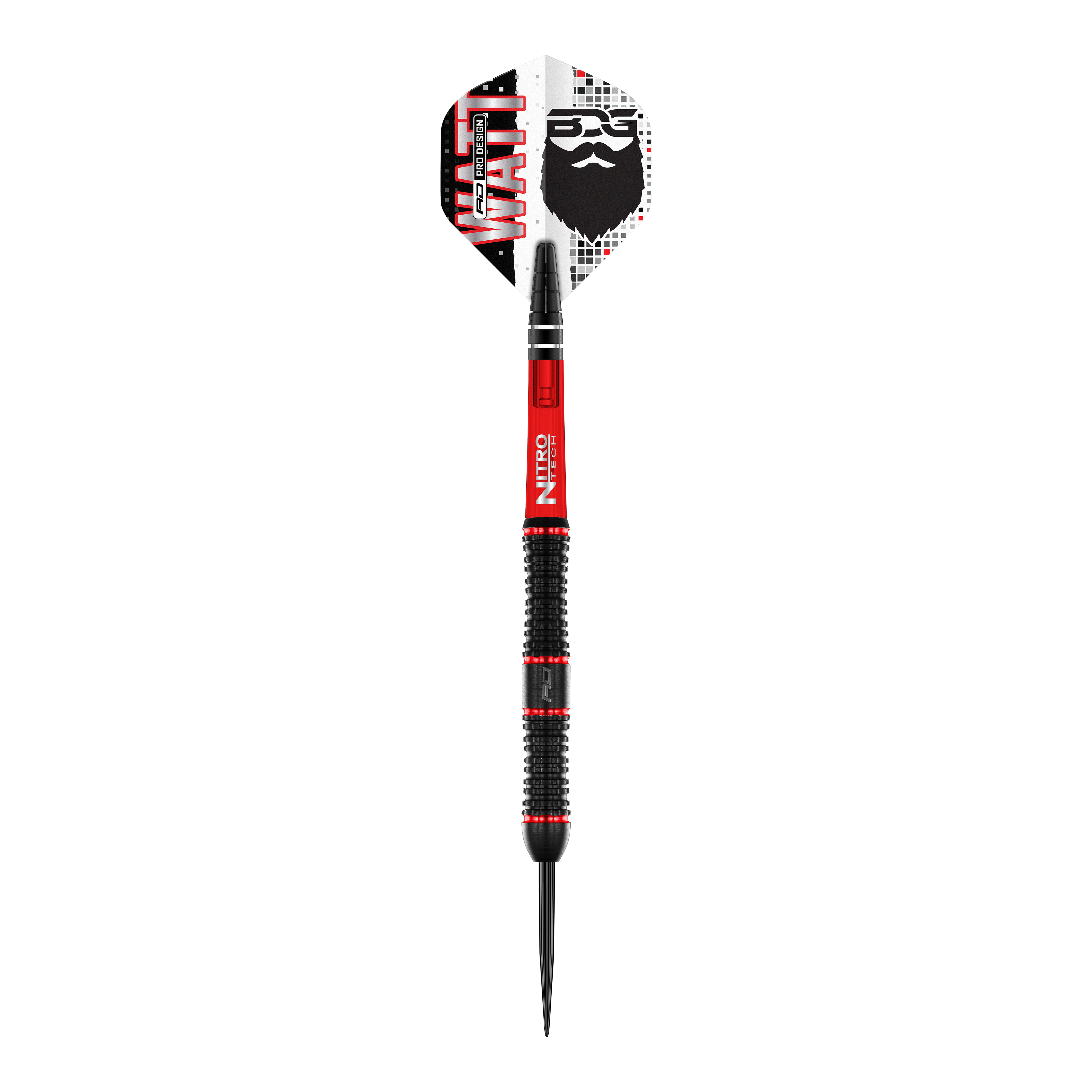 Freccette in acciaio Red Dragon Jason Watt - 22 g Das Bild zeigt den "Red Dragon Jason Watt Steeldart - 22g". Der Dartpfeil hat ein auffälliges Design in Schwarz, Rot und Weiß mit dem Namen „Watt“ und einem Bartmotiv auf der Flights.