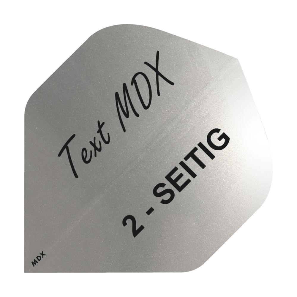 10 set di voli metallici stampati, fronte-retro - testo personalizzato - standard MDX Das Bild zeigt ein silbernes Dart-Flight mit schwarzem Aufdruck. Darauf steht "Text MDX" und "2-SEITIG".