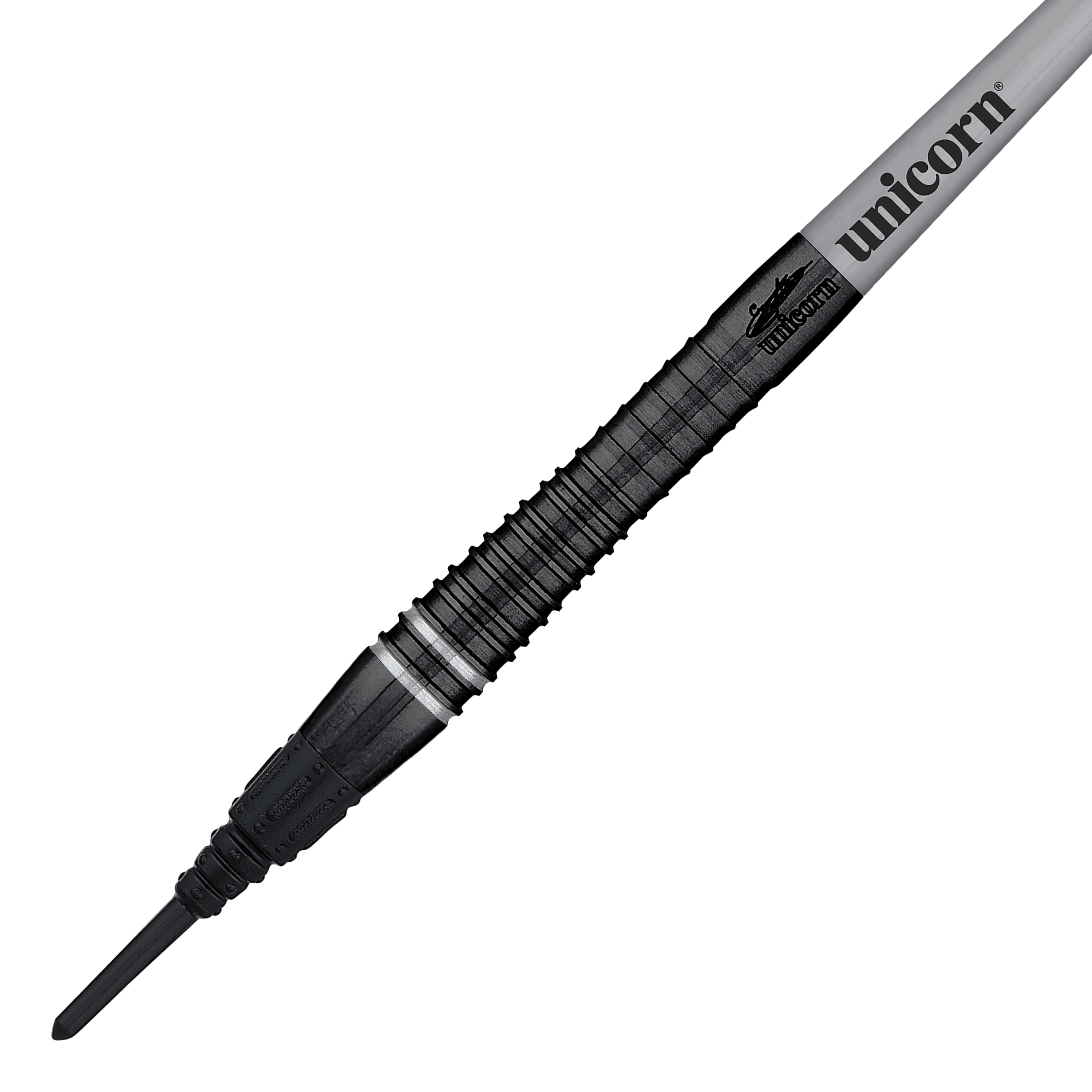 Campione del mondo Unicorn Gary Anderson Noir Fase 6 Soft Darts Das Bild zeigt einen Unicorn World Champion Gary Anderson Noir Phase 6 Softdart. Der Dart hat ein elegantes, schwarzes Design mit dem Aufdruck "unicorn" auf dem Schaft.