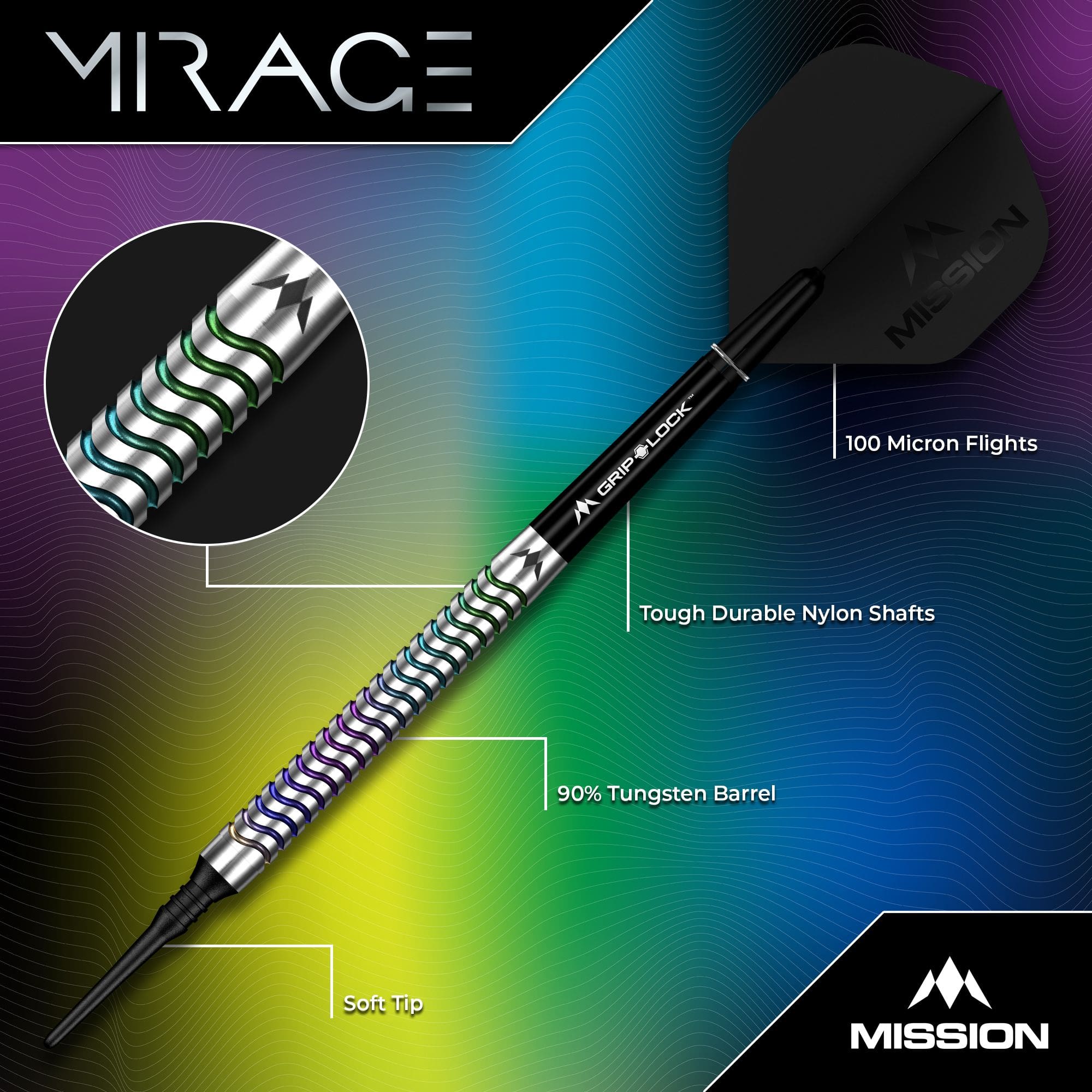 Freccette morbide Mission Mirage - 20 g Hier sieht man die Mission Mirage Softdarts - 20g. Die Darts werden aus einer seitlichen Perspektive präsentiert.