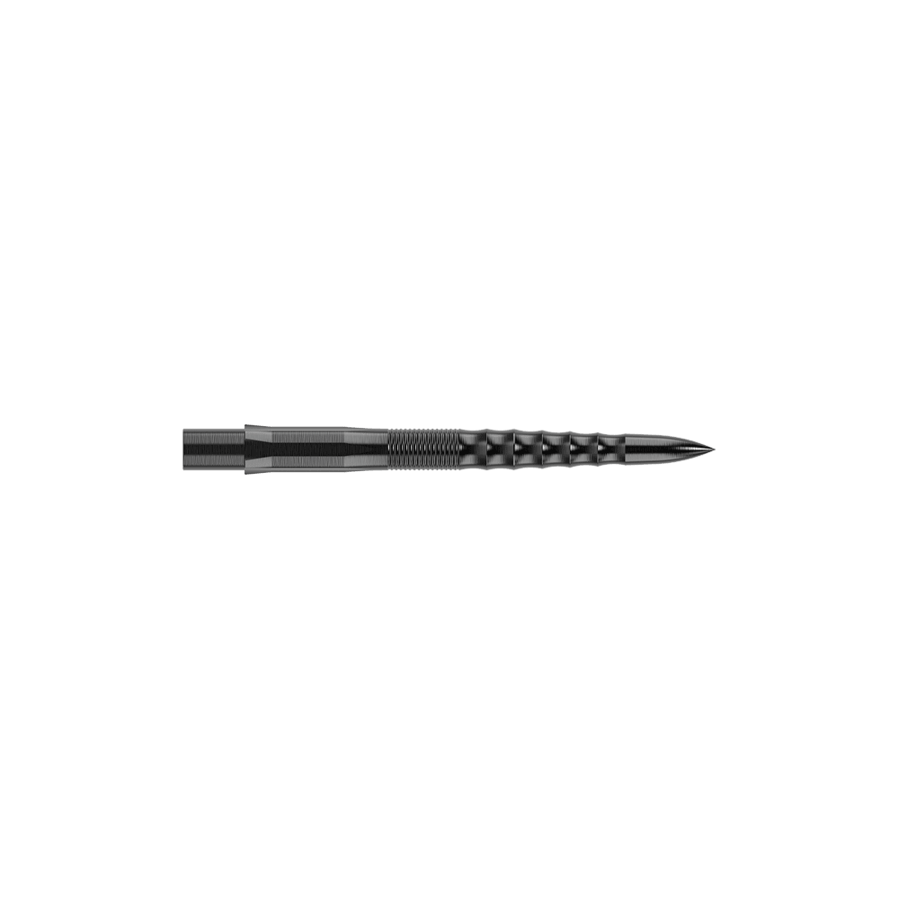 Punte per freccette Mission Caliburn EVO - Ripple - Nere Das Bild zeigt eine schwarze Steeldartspitze mit einer gerippten Oberflächenstruktur. Die Spitze ist gerade und hat eine Länge von 26 mm.