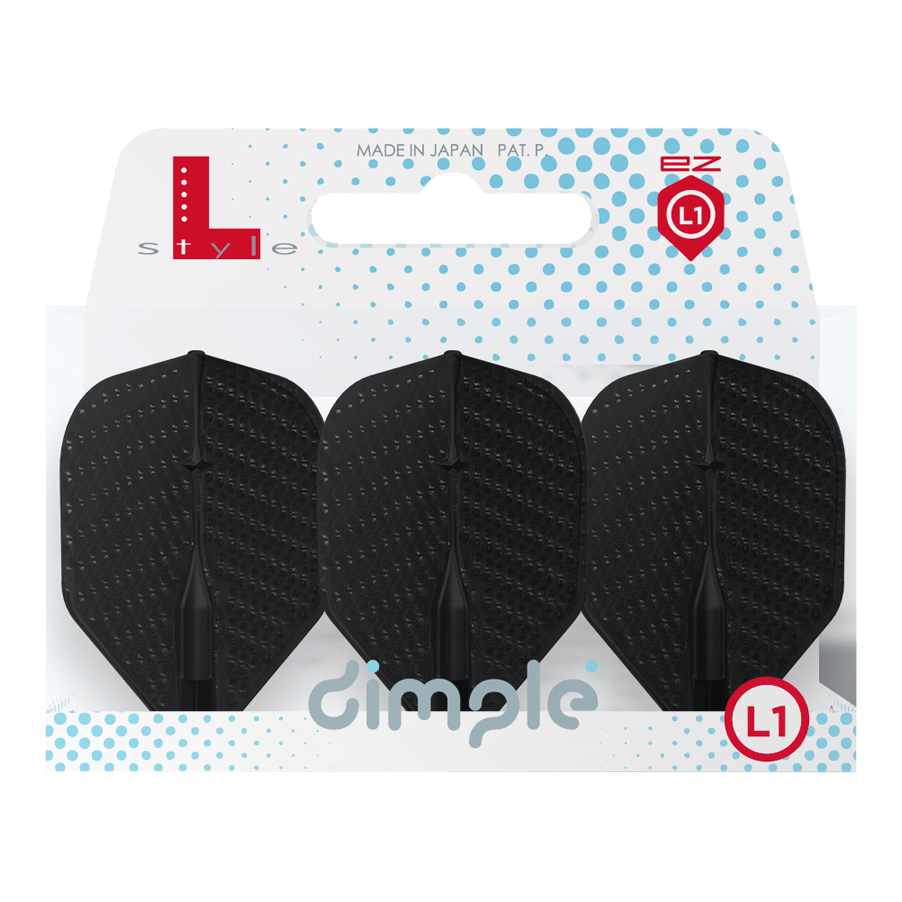 Voli L-Style Dimple Champagne L1EZ Standard Auf dem Bild sind drei schwarze Dart-Flights in einer Verpackung zu sehen. Die Verpackung trägt die Aufschrift "dimple" und "L1" und ist von der Marke L-Style.