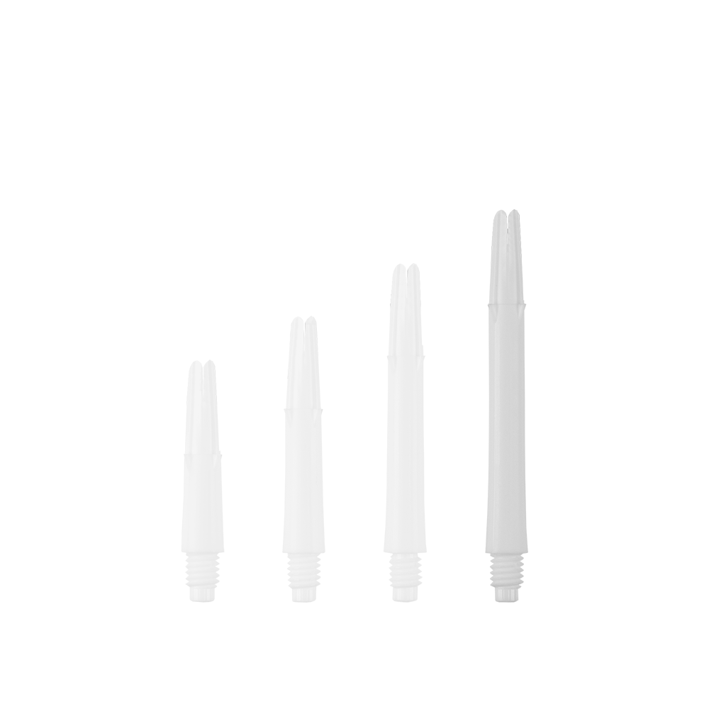 Das Bild zeigt vier weiße, gerade Dartshafts in unterschiedlichen Längen. Sie sind ohne Kappen und stehen nebeneinander aufgereiht.
