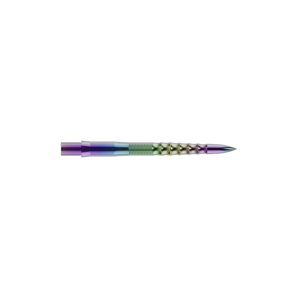 Punte per freccette Mission Caliburn EVO - Ripple - Corallo Auf dem Bild ist eine bunte Steeldartspitze mit wellenförmigem Design zu sehen. Sie hat eine glänzende Oberfläche mit Farbverlauf und ist wahrscheinlich aus Metall gefertigt.