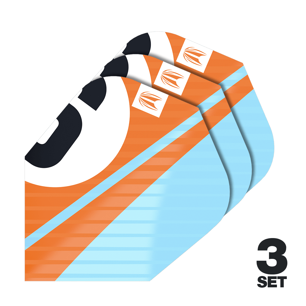 Alette Target Pro Ultra Chicane Orange Ten-X - 3 set Das Bild zeigt drei Sätze Target Pro Ultra Chicane Orange Ten-X Flights. Die Flights sind orange und hellblau mit einem auffälligen Design.