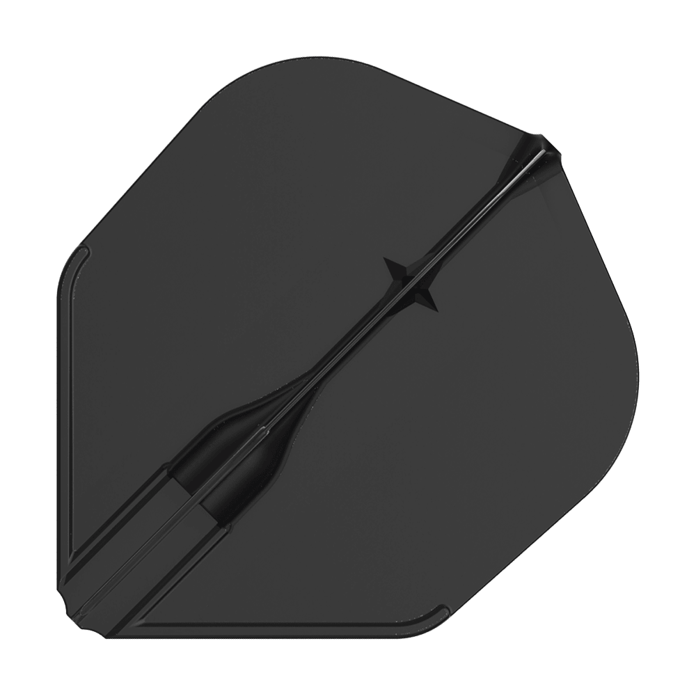 Voli L-L-Style3EZ Das Bild zeigt ein schwarzes Dart-Flight in Standardform. Es hat ein schlichtes, einfarbiges Design ohne weitere Muster.
