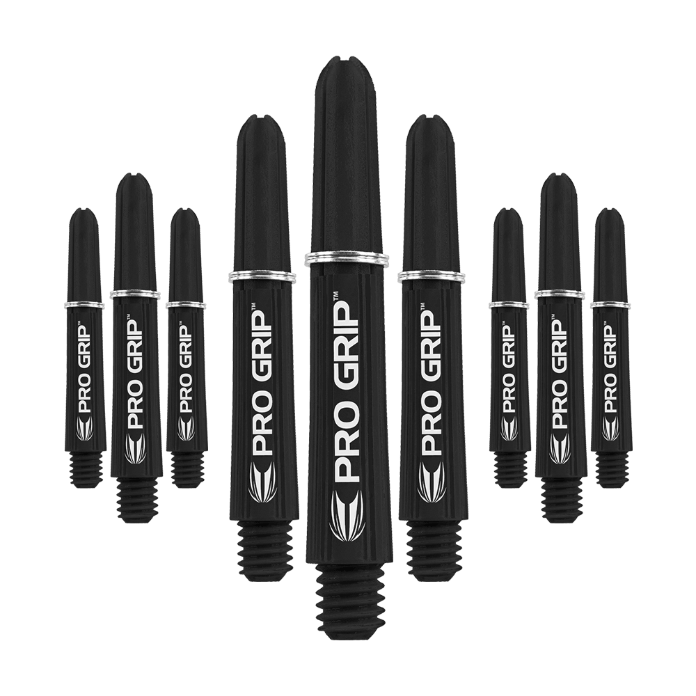 Target Pro Grip Shafts - 3 set - Nero Das Bild zeigt neun schwarze Dartschäfte mit der Aufschrift "PRO GRIP". Die Schäfte sind in drei 3er-Sets nebeneinander angeordnet.