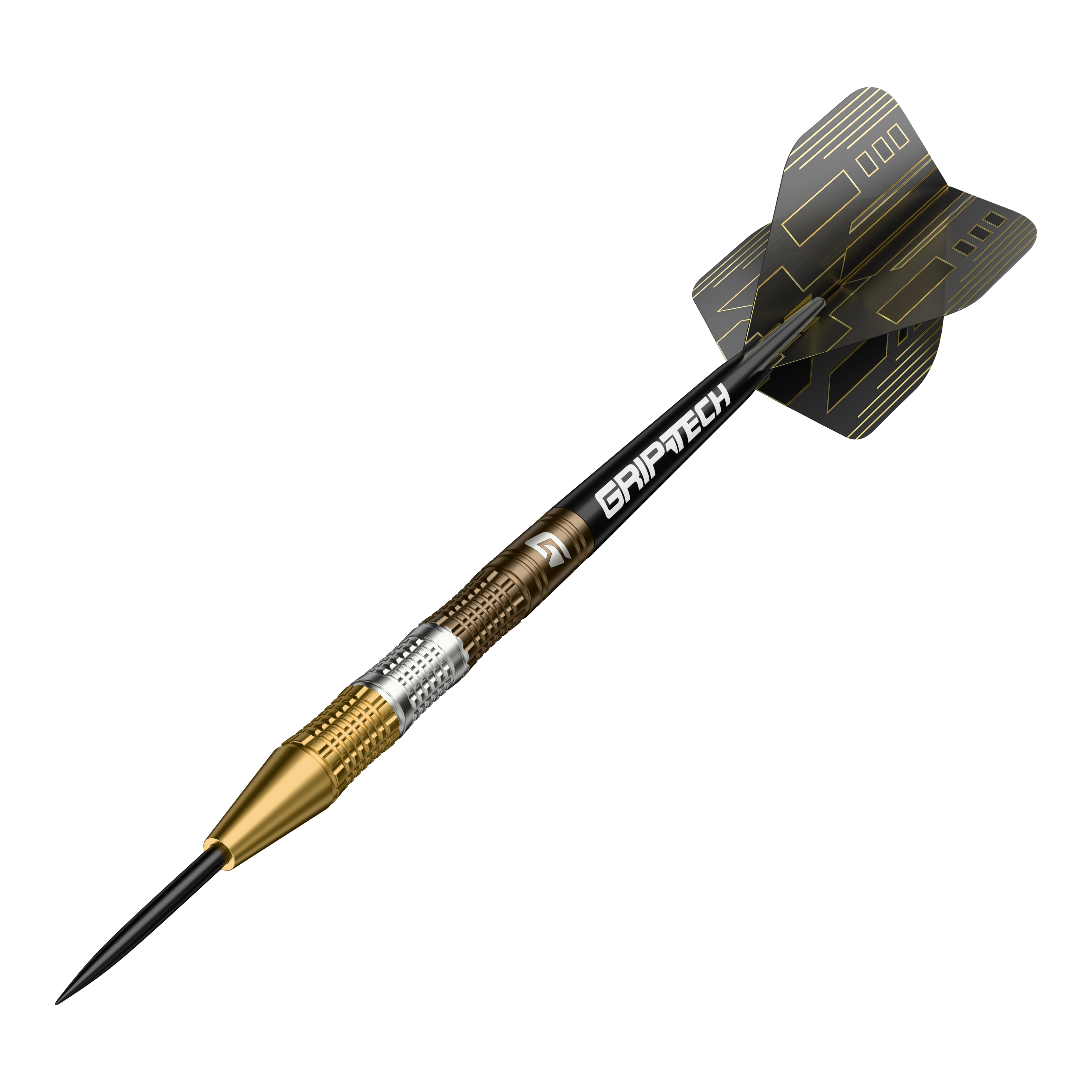 Freccette in acciaio al tungsteno GOAT Ceremony Der GOAT Ceremony Tungsten Steeldart ist ein hochwertiger Dartpfeil mit goldenen und silbernen Elementen. Auf dem Schaft steht das Wort "GRIPTECH" und die Flights sind schwarz mit goldenen Linien gestaltet.