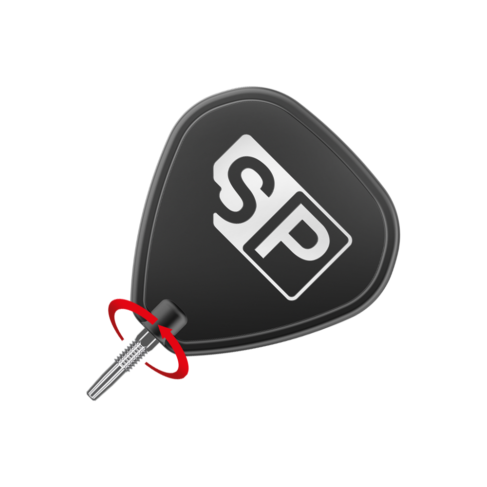 Punte per freccette Target Swiss Point Nano - Argento Das Bild zeigt eine schwarze Dartflightscheibe mit den weißen Buchstaben "SP" darauf. Unten ist eine silberne Dartspitze zu sehen, um die ein roter Pfeil eine Drehbewegung anzeigt.