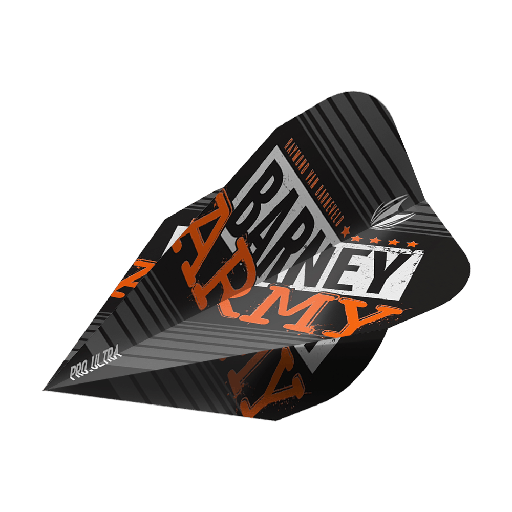 TG65_334350_Target_ProUltra_Barney_Army_Black_Vapor_Flights_2 Das Bild zeigt das Produkt "Target ProUltra Barney Army Black Vapor Flights". Die Dart-Flights sind schwarz mit auffälligem orangefarbenem und weißen Aufdruck gestaltet.
