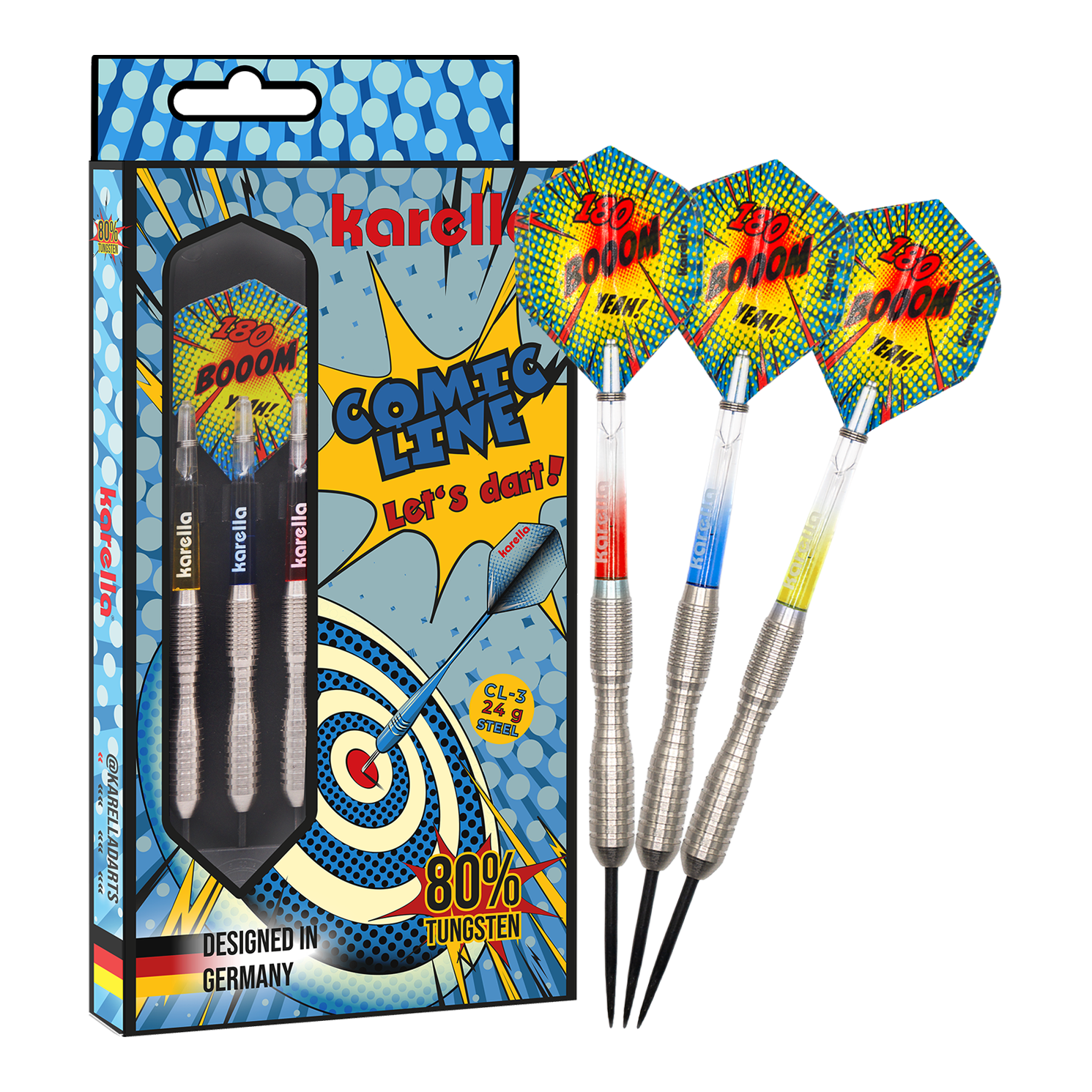 Freccette in acciaio Karella Comic Line CL-3 - 24 g Das Bild zeigt das Produkt Karella Comic Line CL-3 Steeldarts - 24g in voller Länge. Die Steeldarts sind klar zu erkennen.