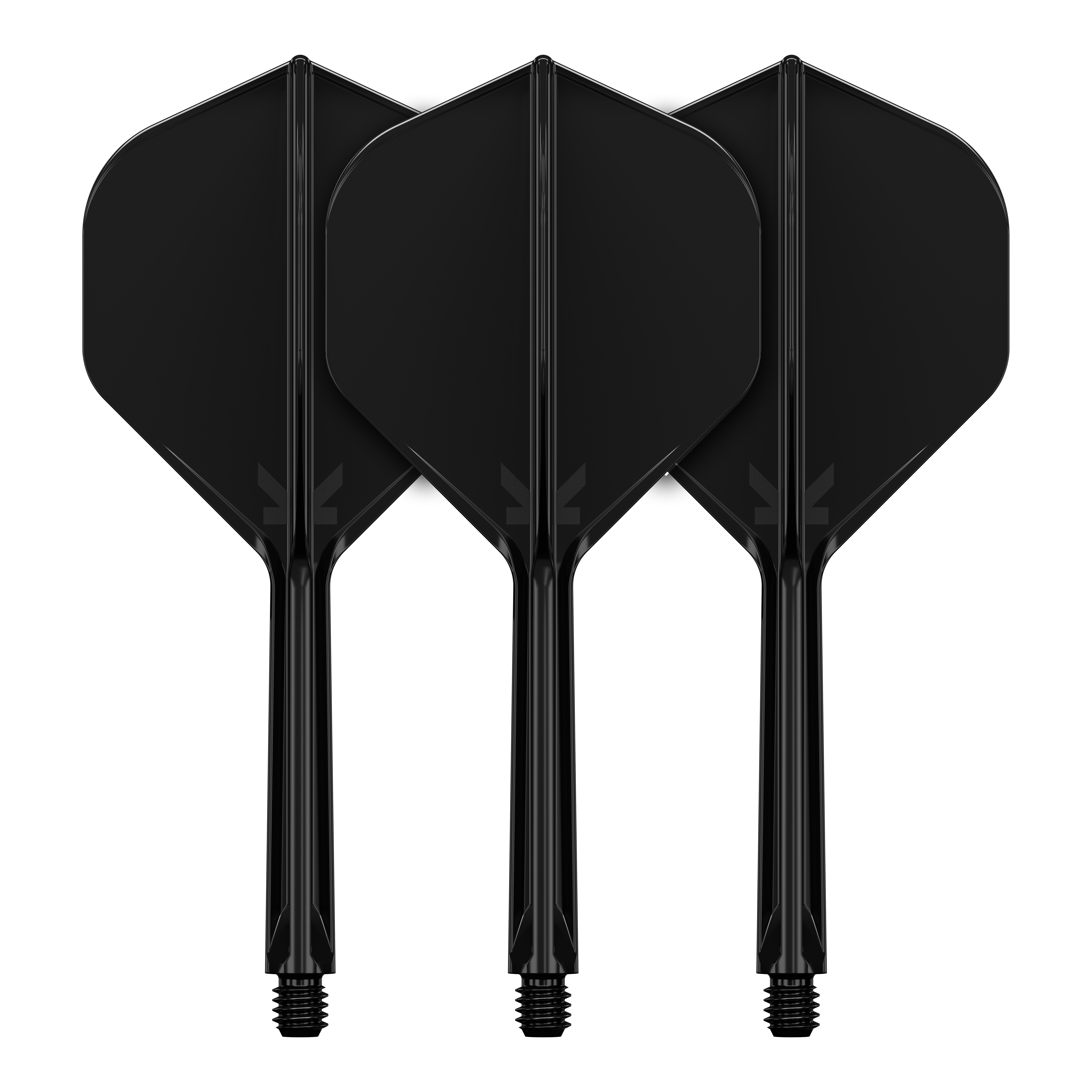 Target K-Flex No2 Standard Flight System - Nero Auf dem Bild sind drei schwarze Dartflights mit Schaft zu sehen. Sie stehen nebeneinander und haben eine standardmäßige, gerade Form.