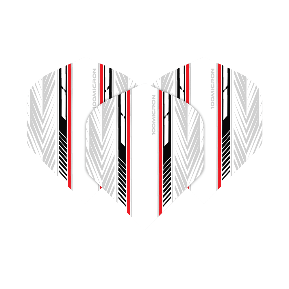 Voli Pentathlon bianchi/neri/rossi Das Bild zeigt die Pentathlon White Black Red No2 Standard Flights. Die Flights haben ein weißes Grunddesign mit schwarzen und roten Streifen sowie grafischen Mustern.