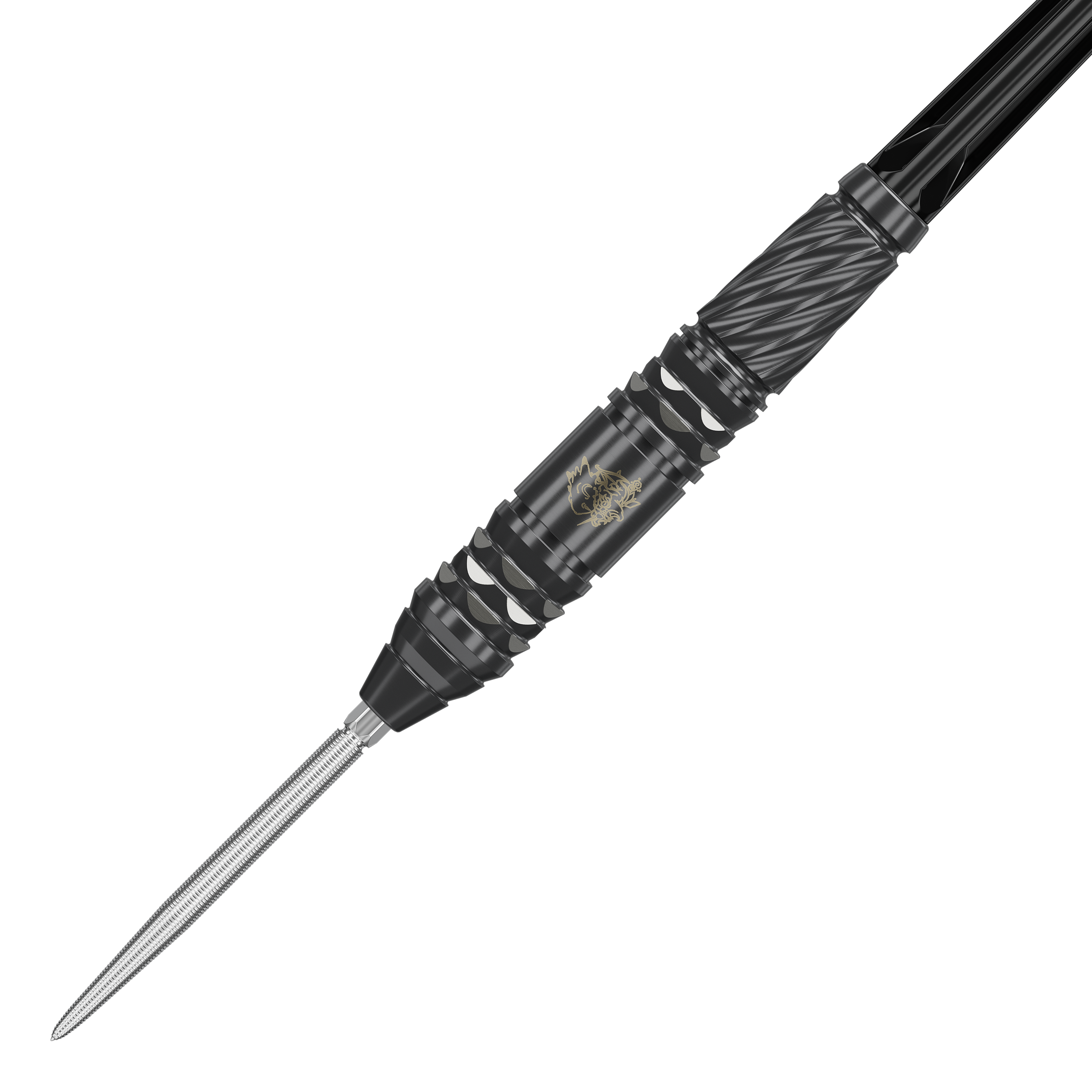Target Japan Black Marque Dragon GEN2 Swiss Point Steel Darts Das Bild zeigt einen schwarzen Steeldart der Marke "Target Japan Black Marque Dragon GEN2 Swiss Point". Der Dart hat ein auffälliges, modernes Design mit silbernen und schwarzen Akzenten.