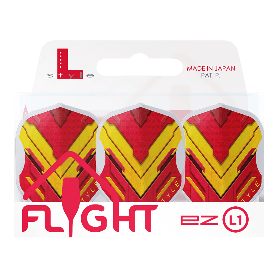 Alette L-Style V-Series V1 Tipo A Spagna Bianco Trasparente L1EZ Das Bild zeigt die L-Style V-Series V1 Type A Spain Clear White L1EZ Flights für Dartpfeile. Die Flights haben ein auffälliges rotes und gelbes Design und sind in einer transparenten Verpackung zu sehen.