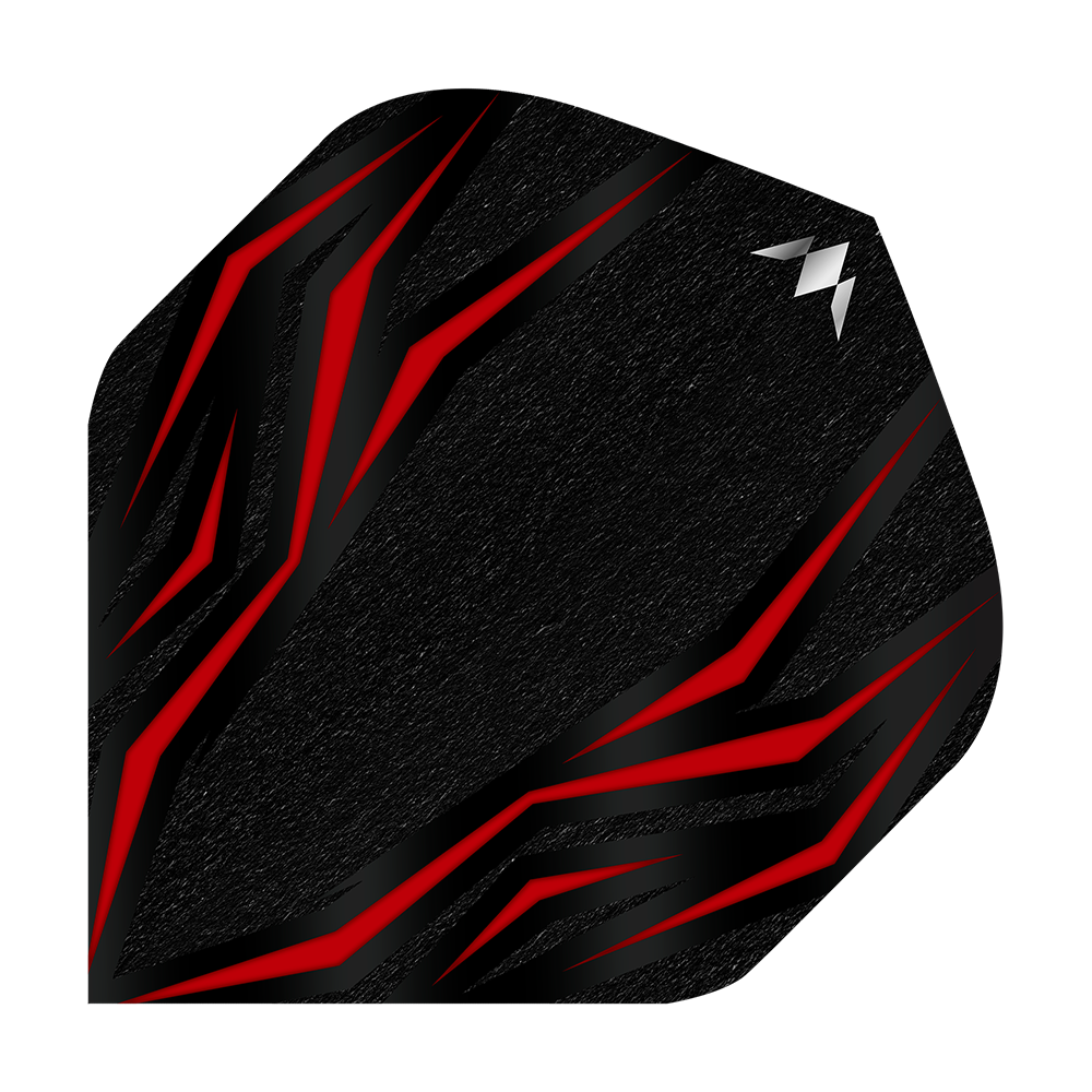 Voli standard Mission Lava Red No2 Das Bild zeigt ein schwarzes Dartflight mit roten, flammenartigen Linien. In der oberen rechten Ecke befindet sich ein kleines, silbernes Logo.