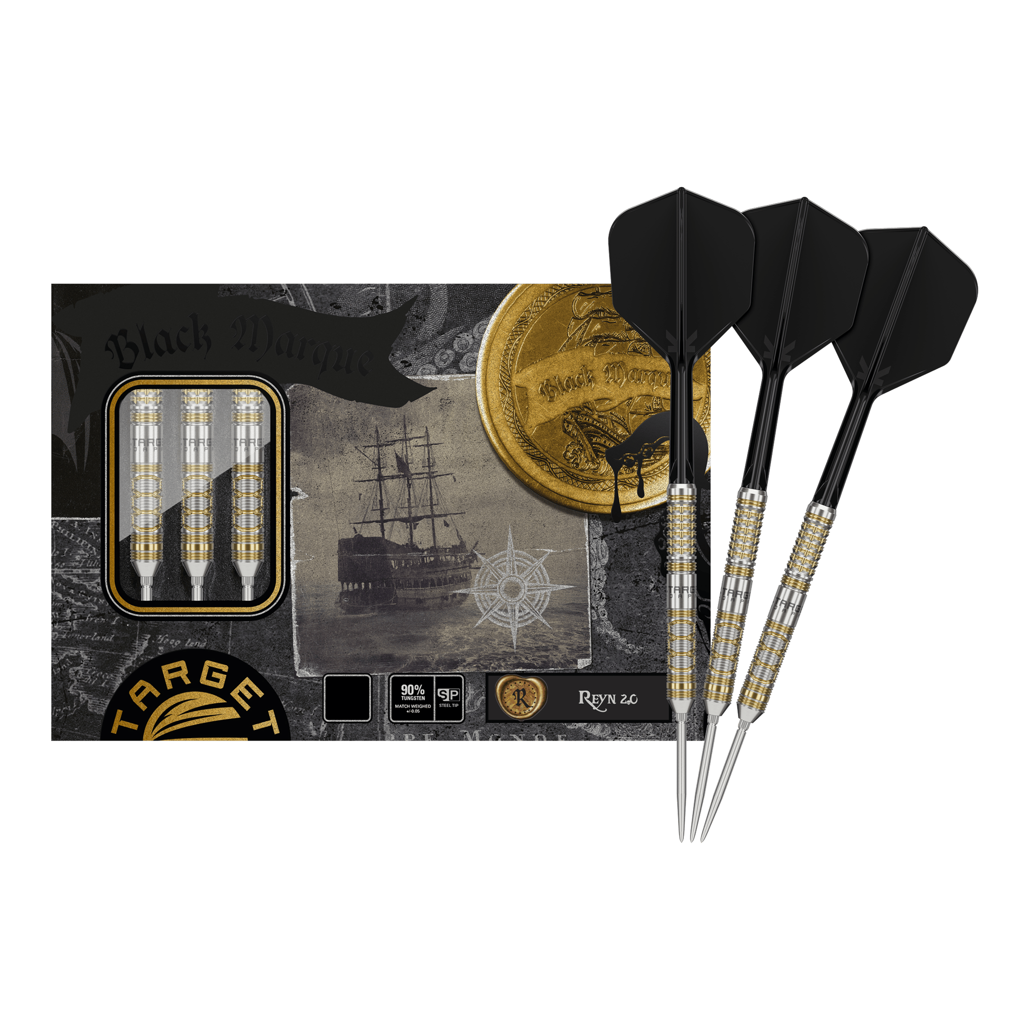 Freccette in acciaio Target Japan Black Marque Reyn GEN2 Das Bild zeigt die "Target Japan Black Marque Reyn GEN2 Steeldarts" mit ihrer Verpackung. Drei fertige Darts mit schwarzen Flights sind neben der stilvollen Box abgebildet.