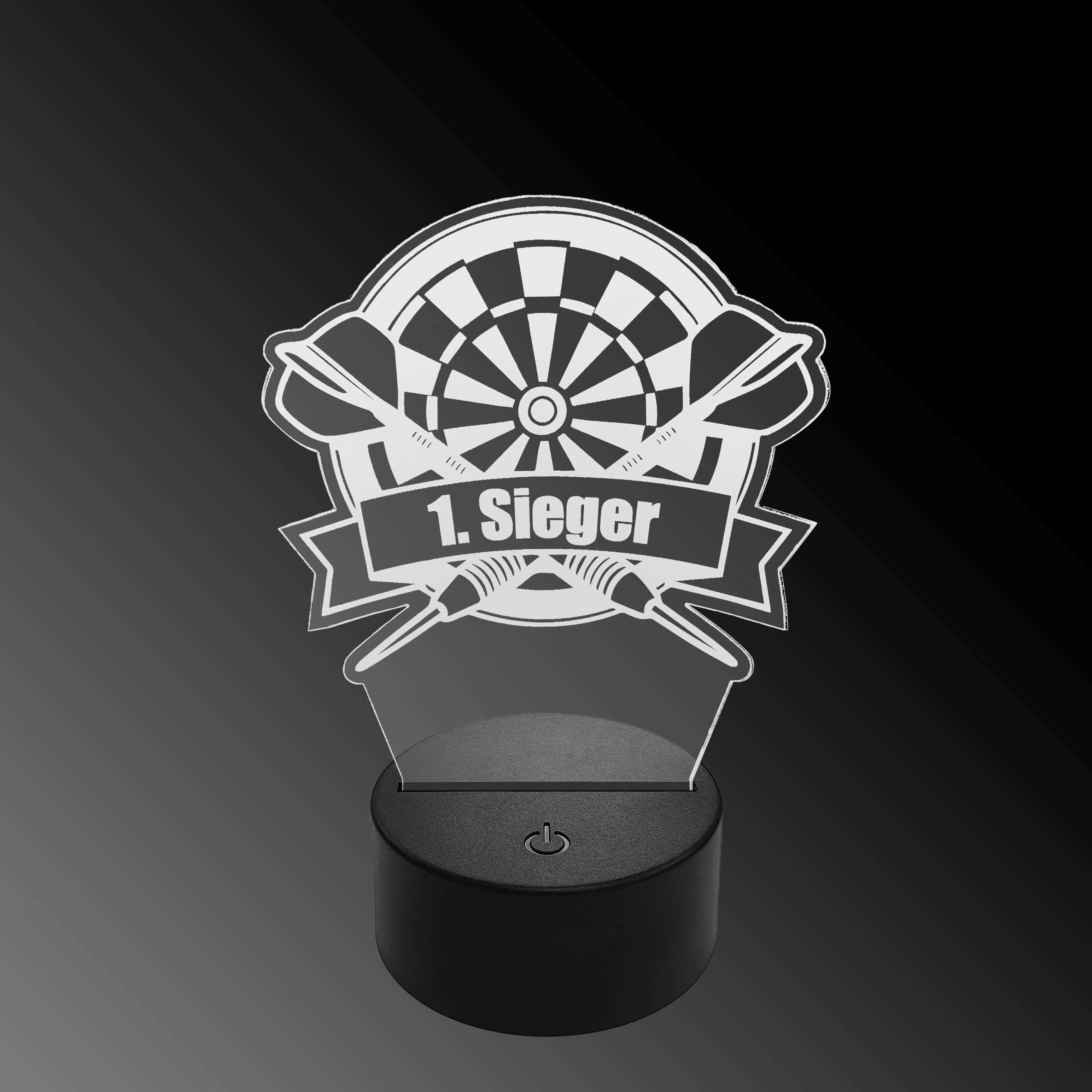 Lampada a freccia a LED in plexiglass con testo personalizzato Das Bild zeigt eine LED-Lampe mit einem Plexiglasaufsatz in Form eines Dartboards und zwei gekreuzten Darts. Auf dem Schild steht "1. Sieger" geschrieben.