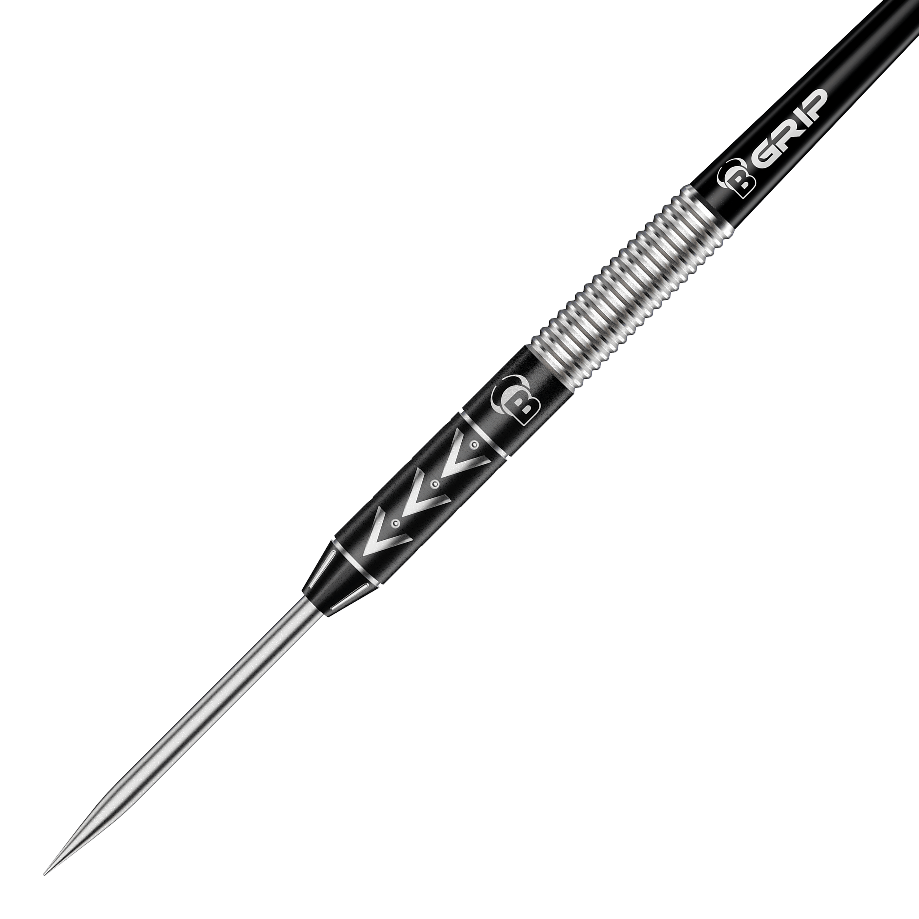 Freccette in acciaio Bulls Challenger Arno Merk - 22g Das Bild zeigt einen Bulls Challenger Arno Merk Steeldart mit einem Gewicht von 22g. Der Dartpfeil hat ein silber-schwarzes Design mit markanten Rillen und einem spitzen Metallende.