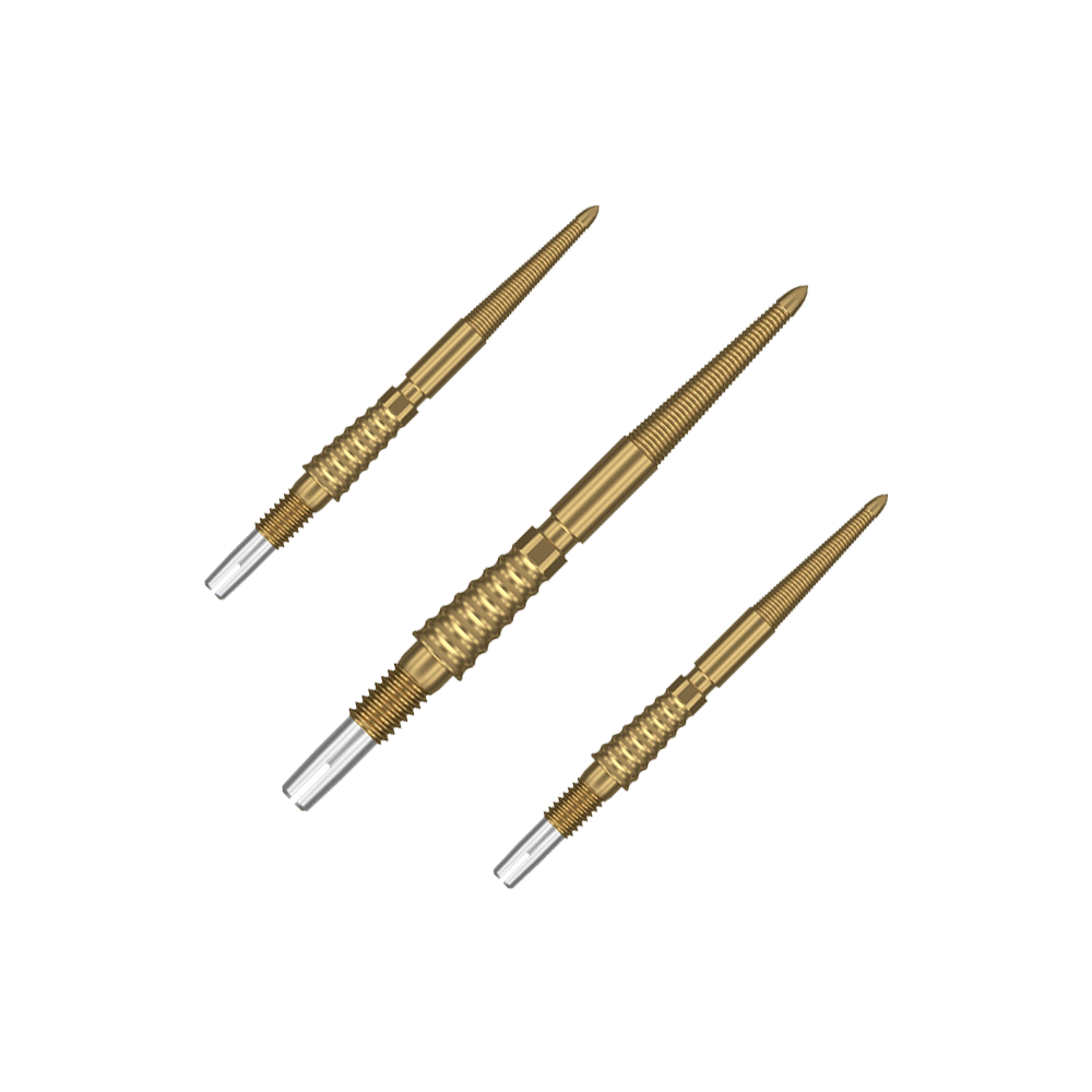 Punte per freccette Target Swiss Storm LNC - oro Das Bild zeigt drei goldfarbene Dartspitzen, die nebeneinander angeordnet sind. Sie haben ein geriffeltes Design zur besseren Griffigkeit.