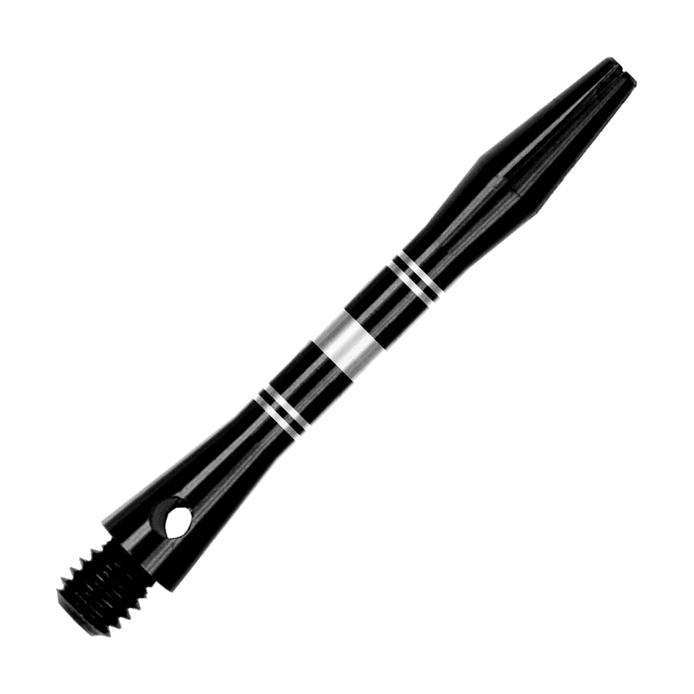 Alberi in alluminio con anelli - Nero Argento Auf dem Bild sind Aluminium Shafts in Schwarz und Silber zu sehen. Das Produkt wird aus einer anderen Perspektive gezeigt.