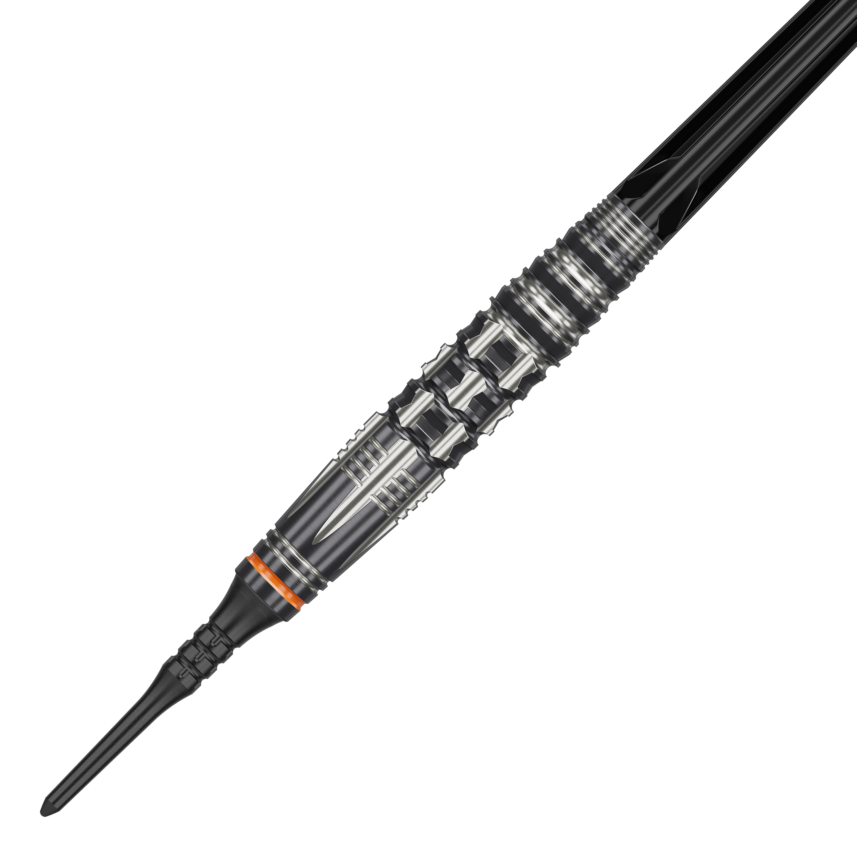 Target Japan Black Marque Dancing Duck GEN 4 Freccette morbide - 17 g Das Bild zeigt einen Target Japan Black Marque Dancing Duck GEN 4 Softdart mit einem Gewicht von 17g. Der Dartpfeil hat ein auffälliges silber-schwarzes Design mit vielen feinen Details und einem orangefarbenen Ring.