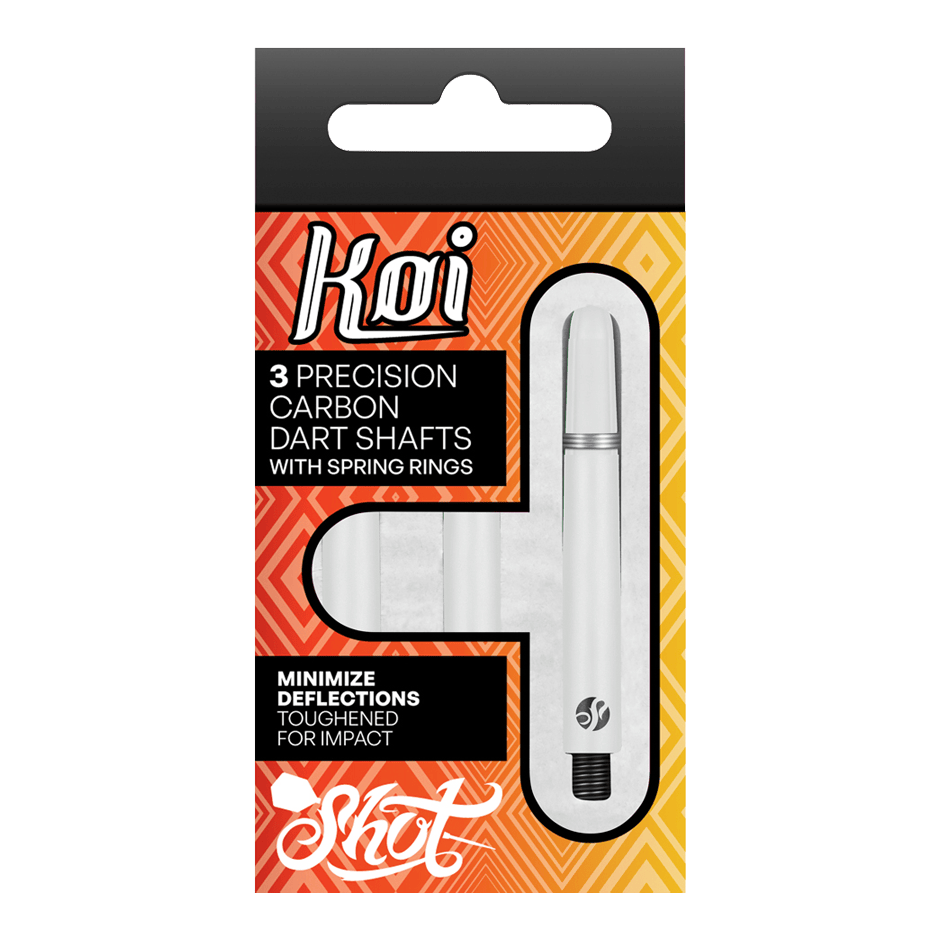 Shot Koi Carbon Shafts - Bianco Die Verpackung zeigt drei präzise Carbon-Dartschäfte mit Sprengringen der Marke Koi. Sie sind darauf ausgelegt, Ablenkungen zu minimieren und sind für hohe Schlagfestigkeit verstärkt.