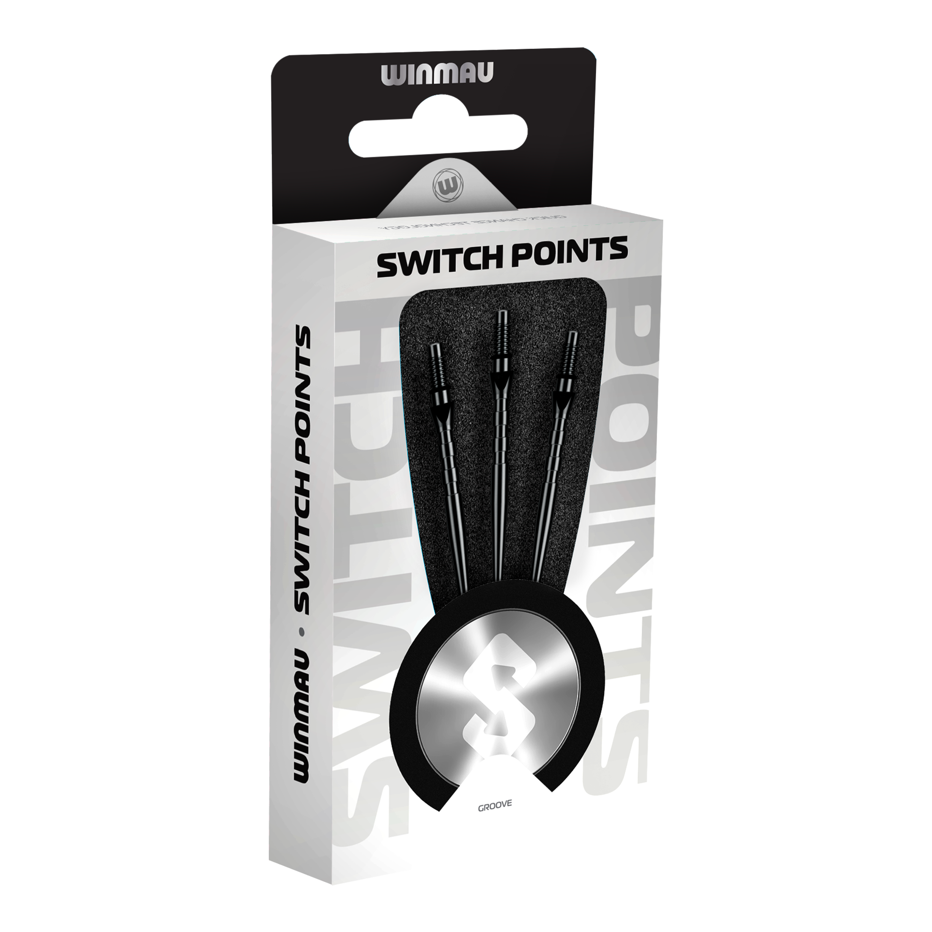Punte per freccette in acciaio Winmau Switch Point Groove - Nero Abgebildet sind Winmau Switch Point Groove Steeldartspitzen in Schwarz. Die Dartspitzen haben Rillen und eine schwarze Farbe.
