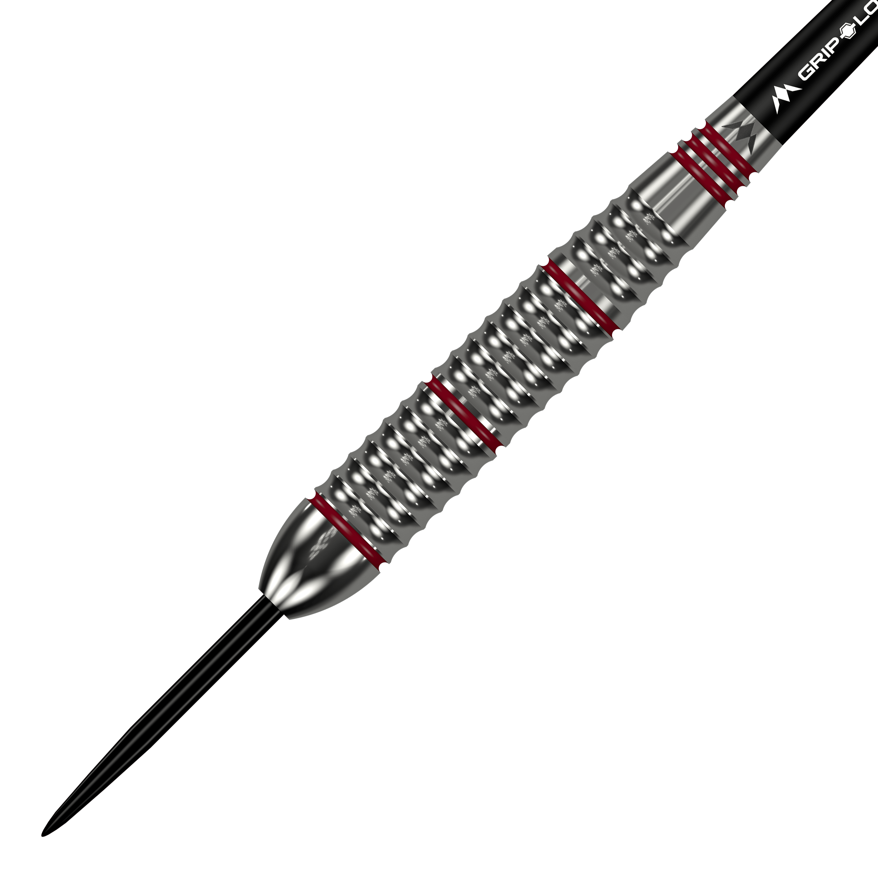 Freccette Mission Rogue in ottone e acciaio - 22 g Das Bild zeigt einen Mission Rogue Brass Steeldart mit einem Gewicht von 22 Gramm. Der Dartpfeil hat ein silbernes, geriffeltes Barrel mit roten Akzenten.