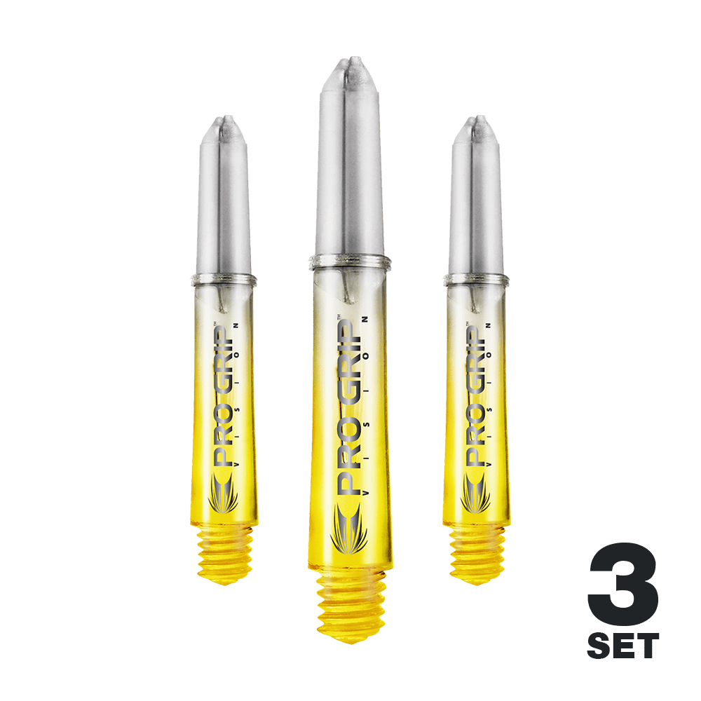 Aste Target Pro Grip Vision - 3 set - Giallo Auf dem Bild sind drei gelbe Pro Grip Vision Shafts für Darts zu sehen. Unten rechts steht, dass es sich um ein 3er-Set handelt.