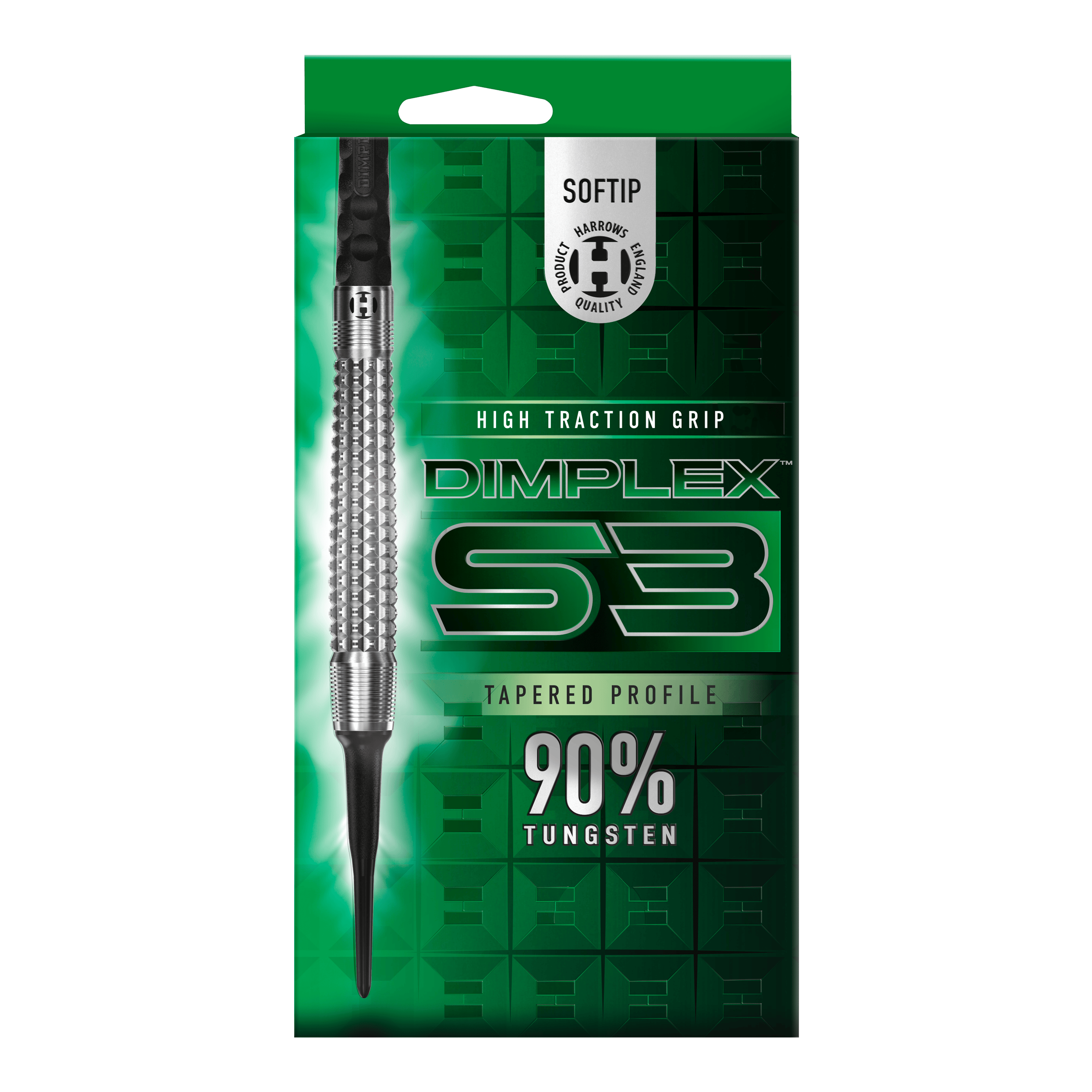 Freccette morbide coniche Harrows Dimplex S3 Das Bild zeigt die Verpackung der "Harrows Dimplex S3 Tapered Softdarts". Auf der Packung steht, dass die Darts einen hohen Grip und einen 90%igen Tungsten-Anteil haben.