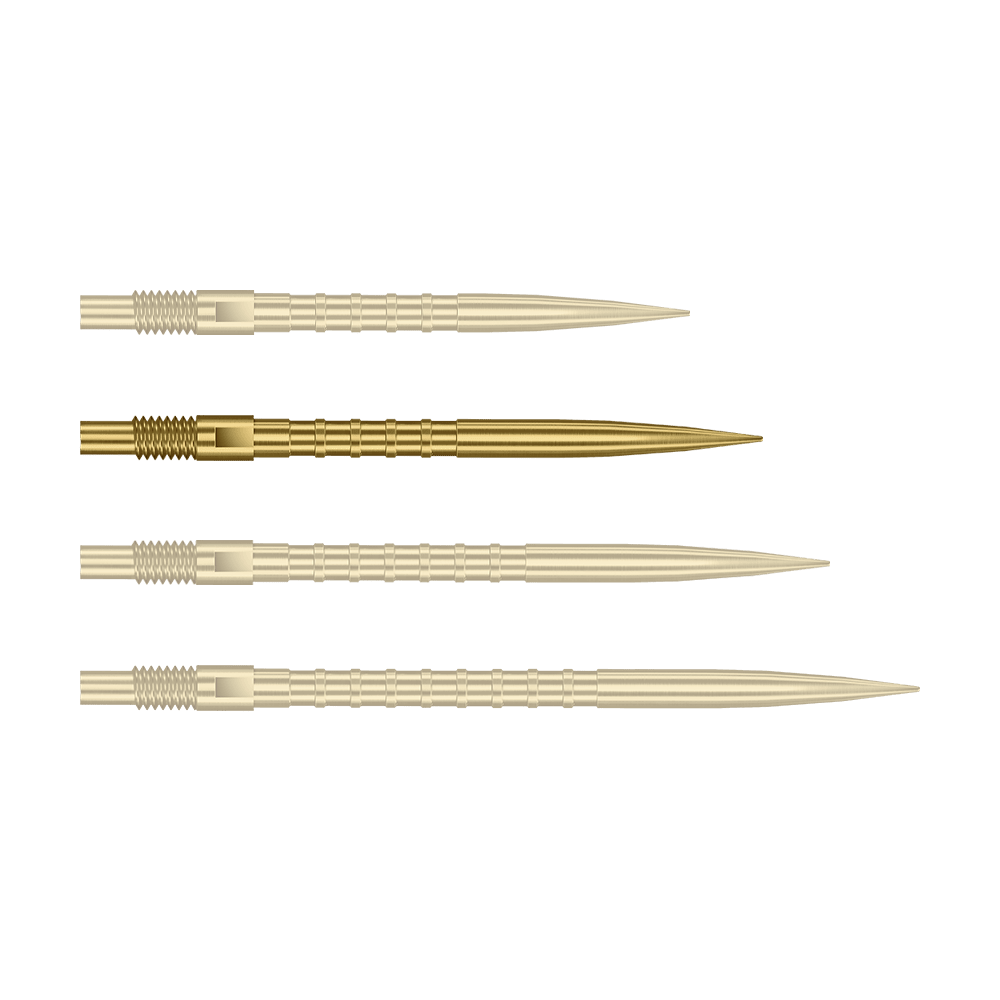 Punte per freccette Harrows Quick Point Heavy Metal - Oro Abgebildet ist eine einzelne goldene Dartspitze mit 30mm Länge und Metallgriff. Es handelt sich um die Harrows Quick Point Heavy Metal Grip Dartspitzen Gold 30mm.