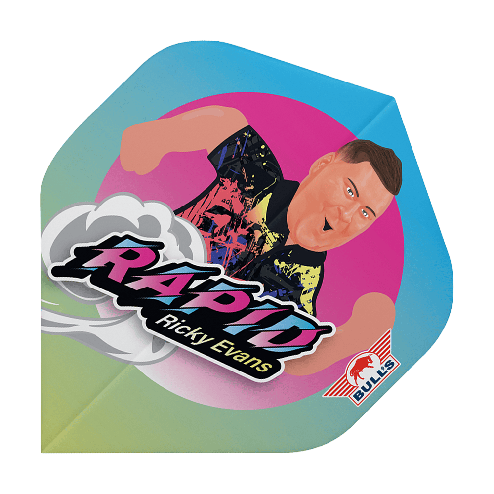 Bulls NL Player 100 Ricky Evans Cartoon No2 Voli standard Das Bild zeigt ein Dartflight mit einer bunten Karikatur von Ricky Evans. Auf dem Flight steht „Rapid Ricky Evans“ und unten rechts befindet sich das Bulls-Logo.