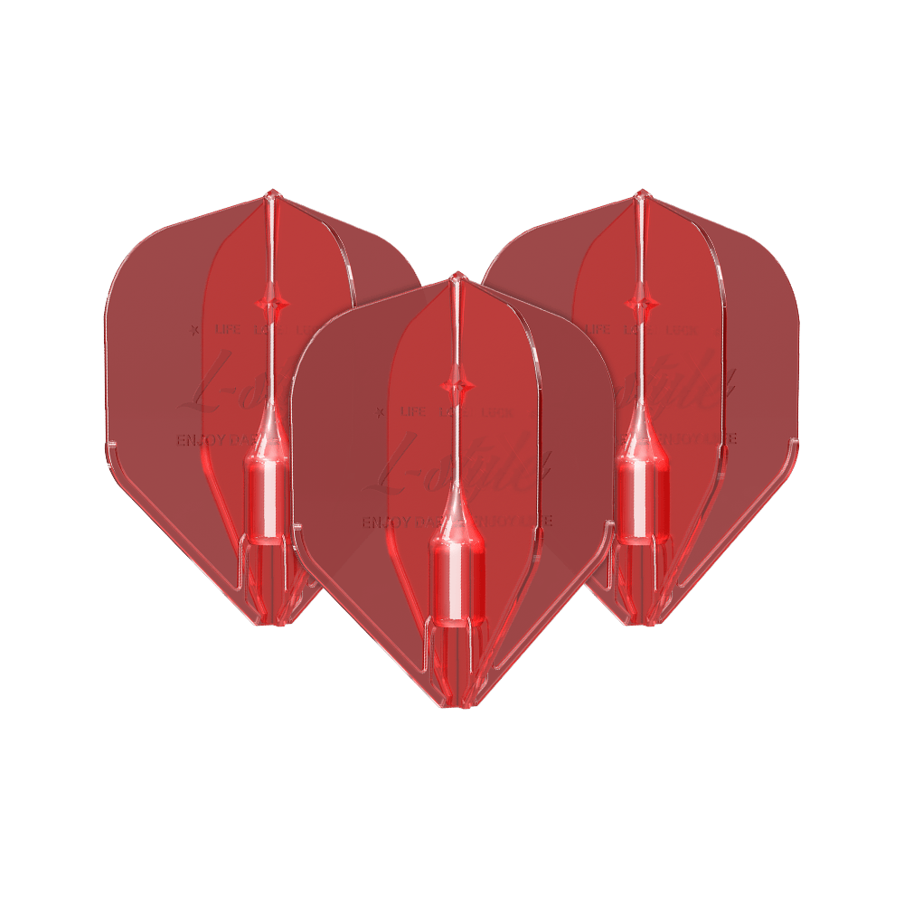 Alette Fantom L1EZ stile L rosse Das Bild zeigt drei rote Dart-Flights des Modells "L-Style Fantom L1EZ". Sie sind aus durchsichtigem Material gefertigt und haben eine klassische Form.