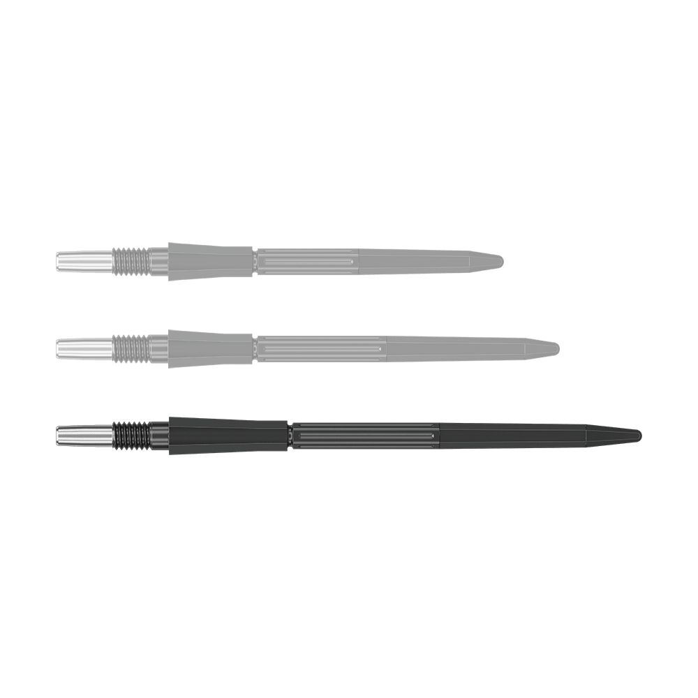 Punte per freccette Target Elysian Archetype 43 Swiss Point in acciaio - Nere Eine schwarze Dartspitze mit einer Länge von 42 mm ist abgebildet. Die Spitze hat eine schlanke Form.
