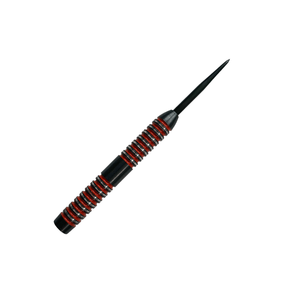 Barili McDart Crimson Steeldart Das Bild zeigt einen McDart Crimson Steeldart Barrel. Der Barrel ist schwarz mit auffälligen roten Ringen und hat ein gerilltes Design für besseren Halt.