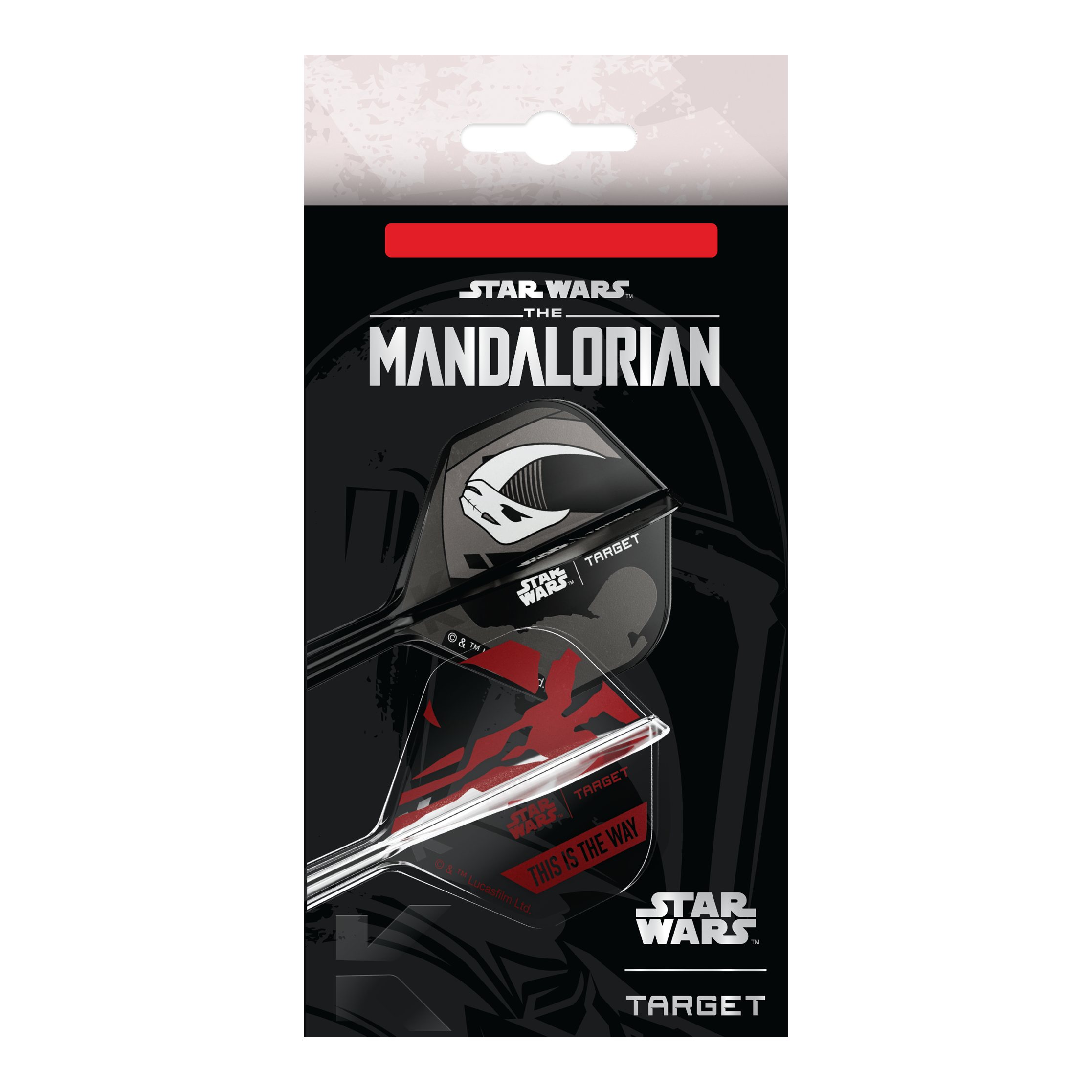 Set Target Star Wars K-Flex Mandalorian No2 Voli Standard Dieses Bild zeigt das Target Star Wars K-Flex-Set Mandalorian No2 Standard Flights. Die Dart Flights haben ein Mandalorian-Design aus der Star Wars Serie.
