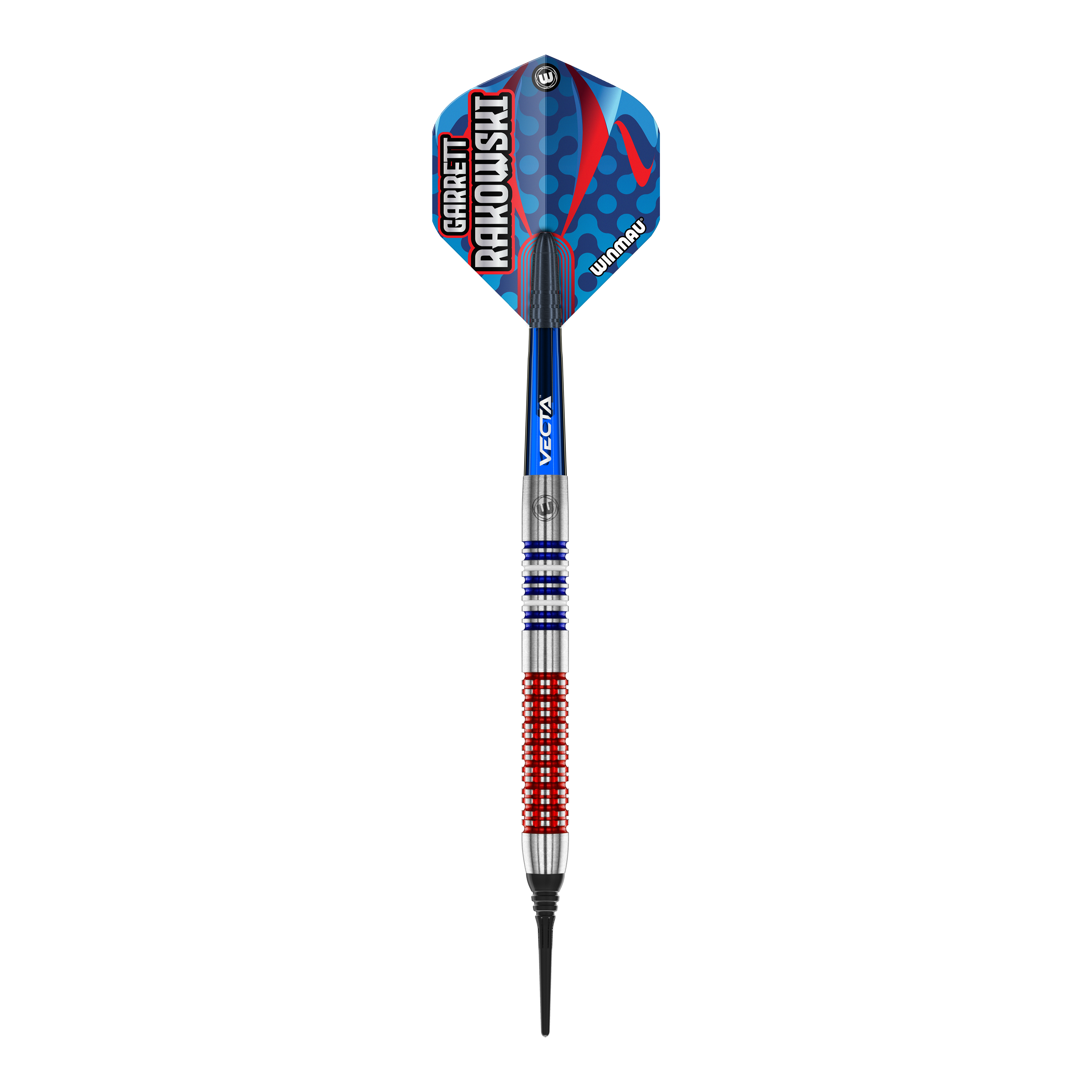 Freccette morbide Winmau Garrett Rakowski - 20g Das Bild zeigt einen Winmau Garrett Rakowski Softdart mit einem Gewicht von 20g. Der Dart hat ein farbenfrohes, modernes Design mit blauen, roten und silbernen Elementen.