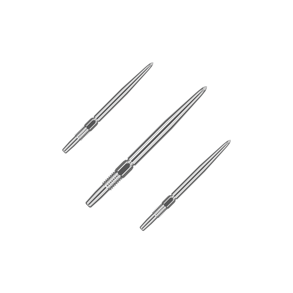 Punte per freccette Target Swiss Point Silver Das Bild zeigt drei silberne Dartspitzen, die nebeneinander liegen. Sie sind lang und schmal mit gerillten Griffbereichen.
