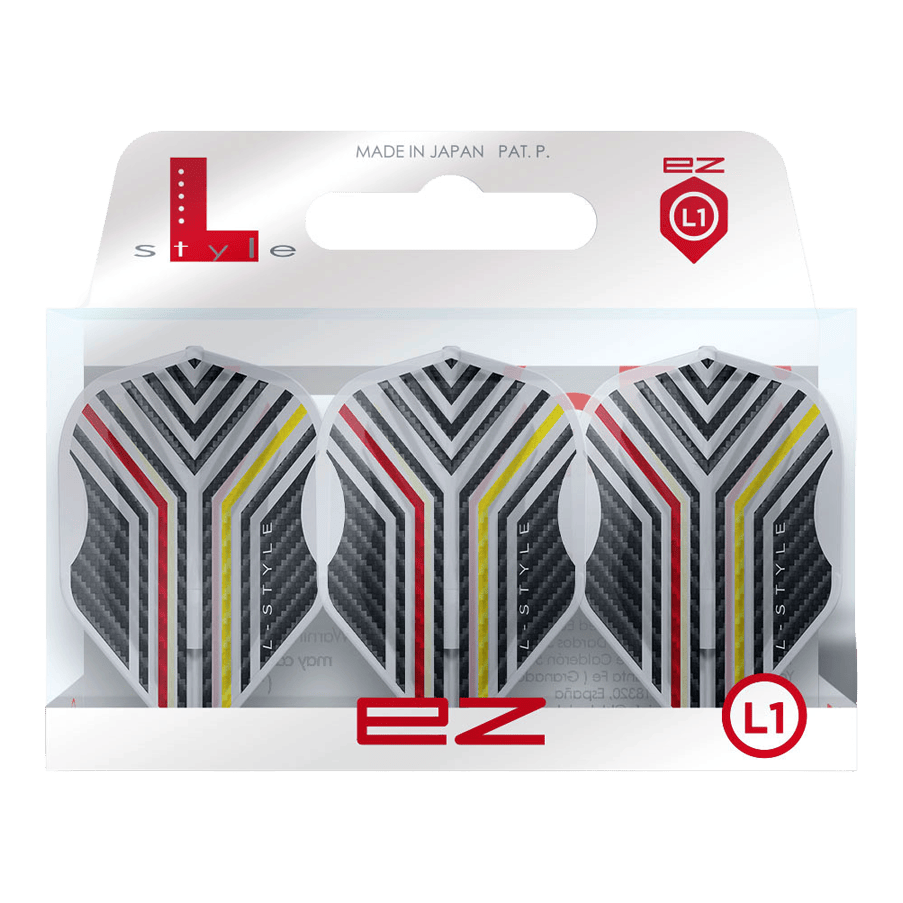 Voli L-Style Arno Merk V1 Clear White L1EZ L-Style Arno Merk V1 Clear White L1EZ Flights werden als Set mit transparentem Design gezeigt. Die spezielle Form und Farbe sind erkennbar.