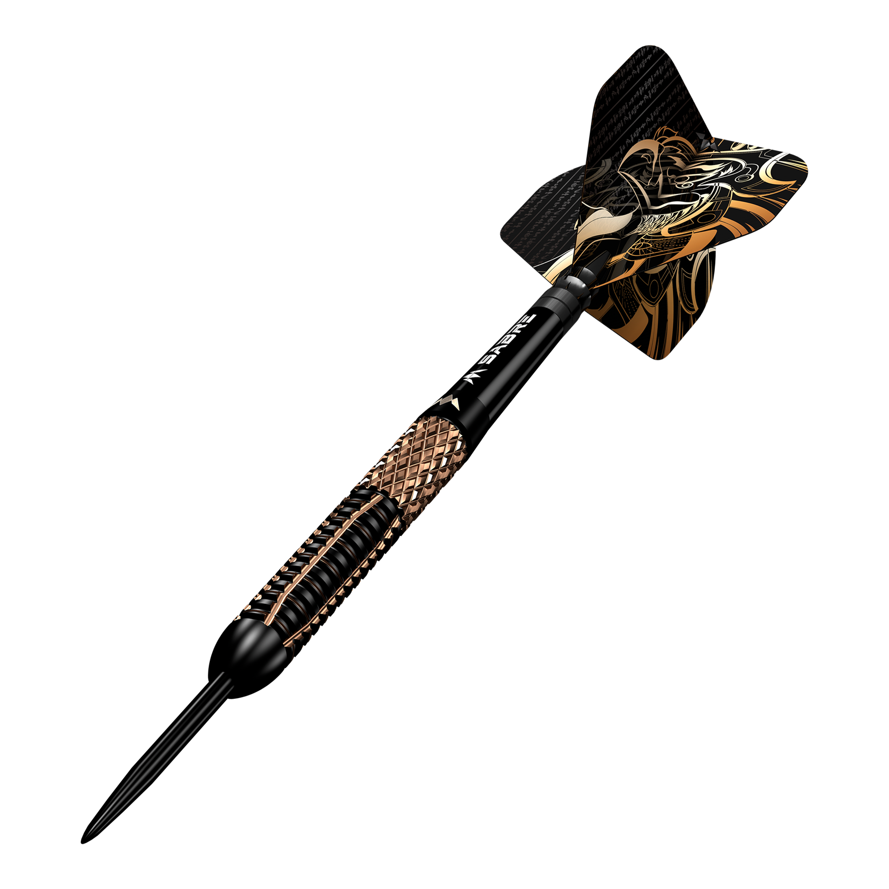 Missione Horus Steeldarts Der abgebildete Artikel ist ein Mission Horus Steeldart. Er hat ein auffälliges Design mit goldenen und schwarzen Details auf dem Schaft und den Flights.