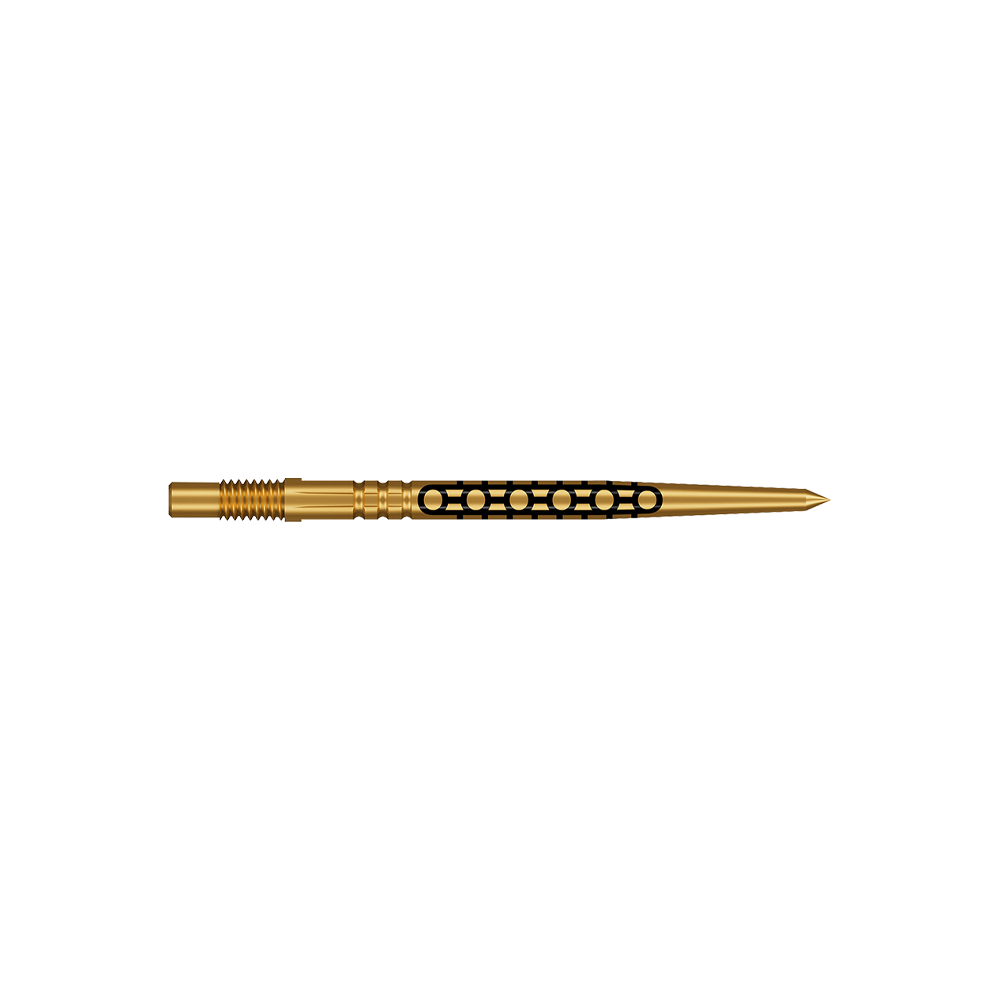 Punte per freccette Shot Turbo Point Goths - Oro Zwei kurze Dartspitzen in glänzender Goldfarbe werden dargestellt. Sie haben ein feines, geriffeltes Design.