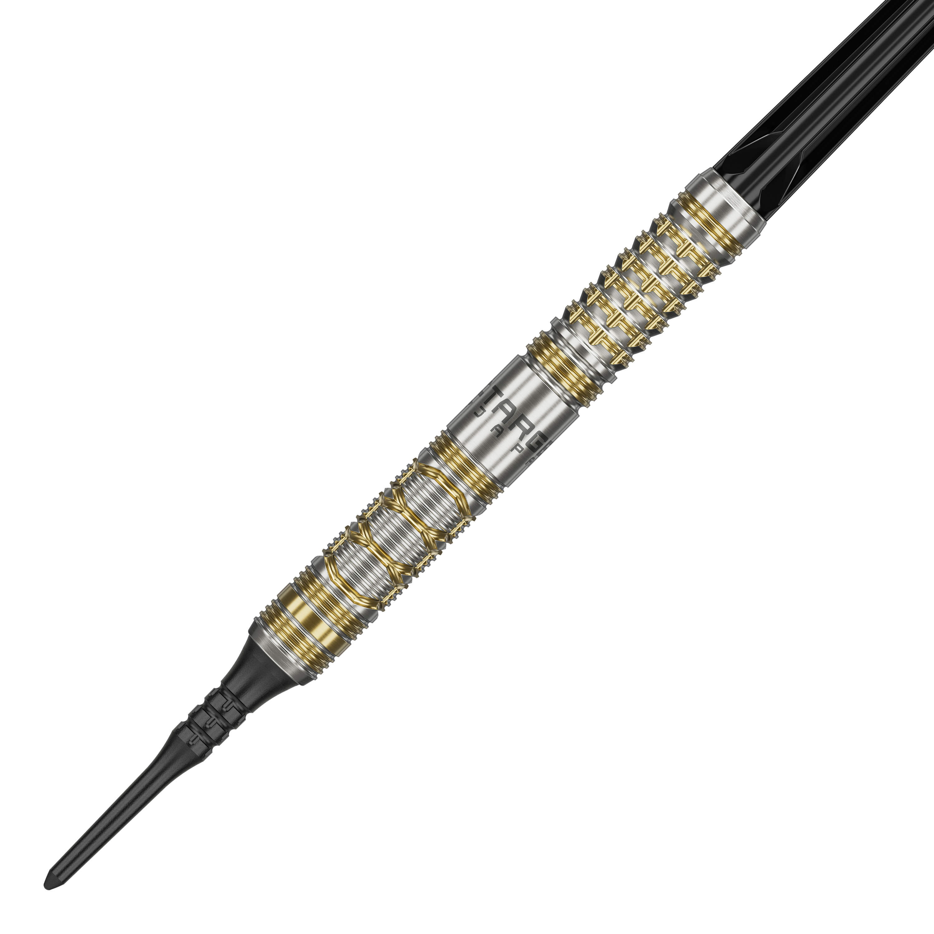 Target Japan Black Marque Reyn GEN2 Freccette morbide - 17,5 g Das Bild zeigt den Softdart "Target Japan Black Marque Reyn GEN2" mit einem Gewicht von 17,5 g. Der Dartpfeil hat ein silbernes Design mit goldenen Akzenten und einer schwarzen Spitze.