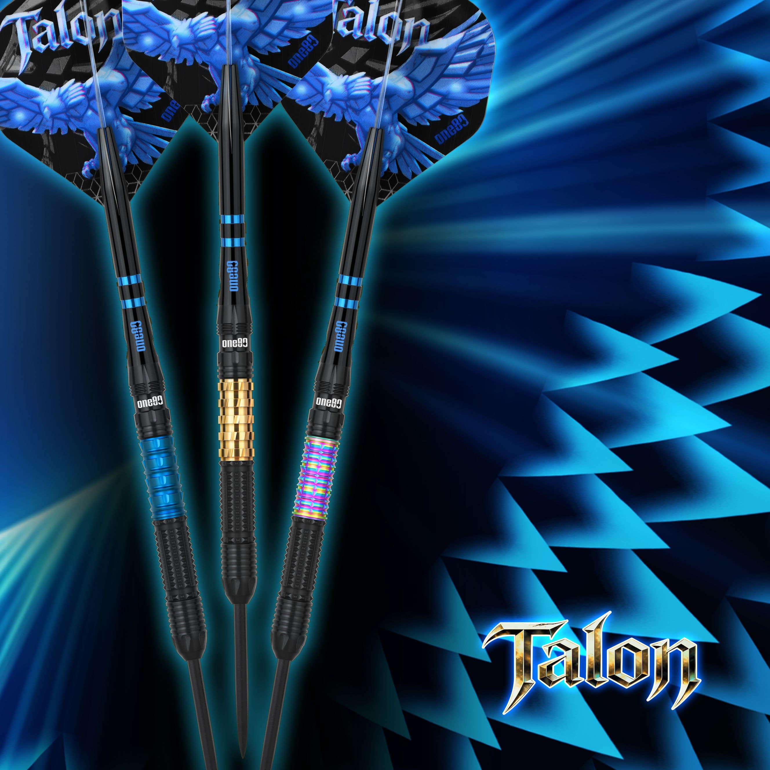 Freccette in acciaio One80 Talon T1 Das Bild präsentiert die One80 Talon Steeldarts. Diese Steeldarts überzeugen durch ihre besondere Griffigkeit.