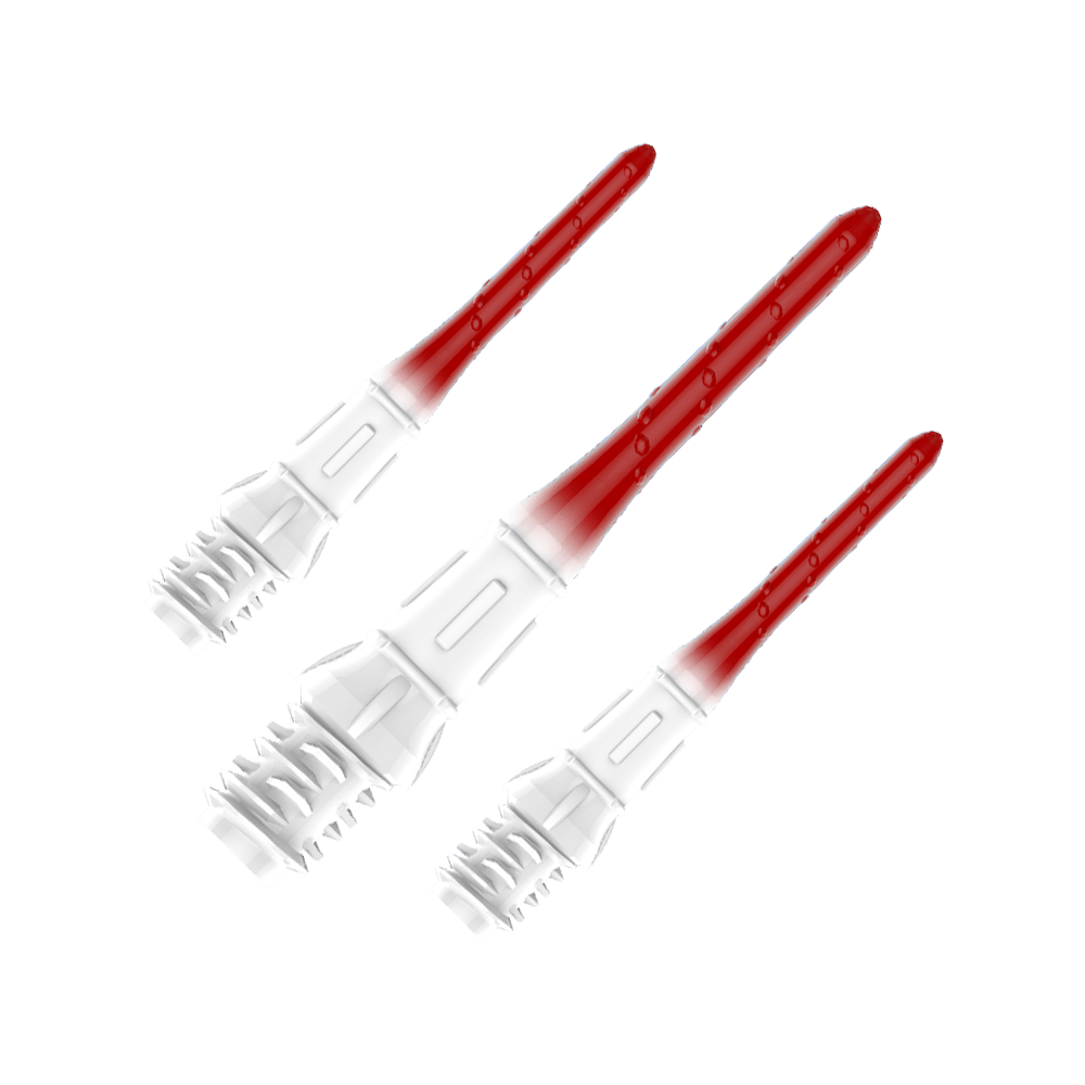 Das Bild zeigt drei hochwertige Dartspitzen mit einem Farbverlauf von Weiß zu Rot. Die Spitzen sind ordentlich nebeneinander angeordnet und haben eine glänzende Oberfläche.
