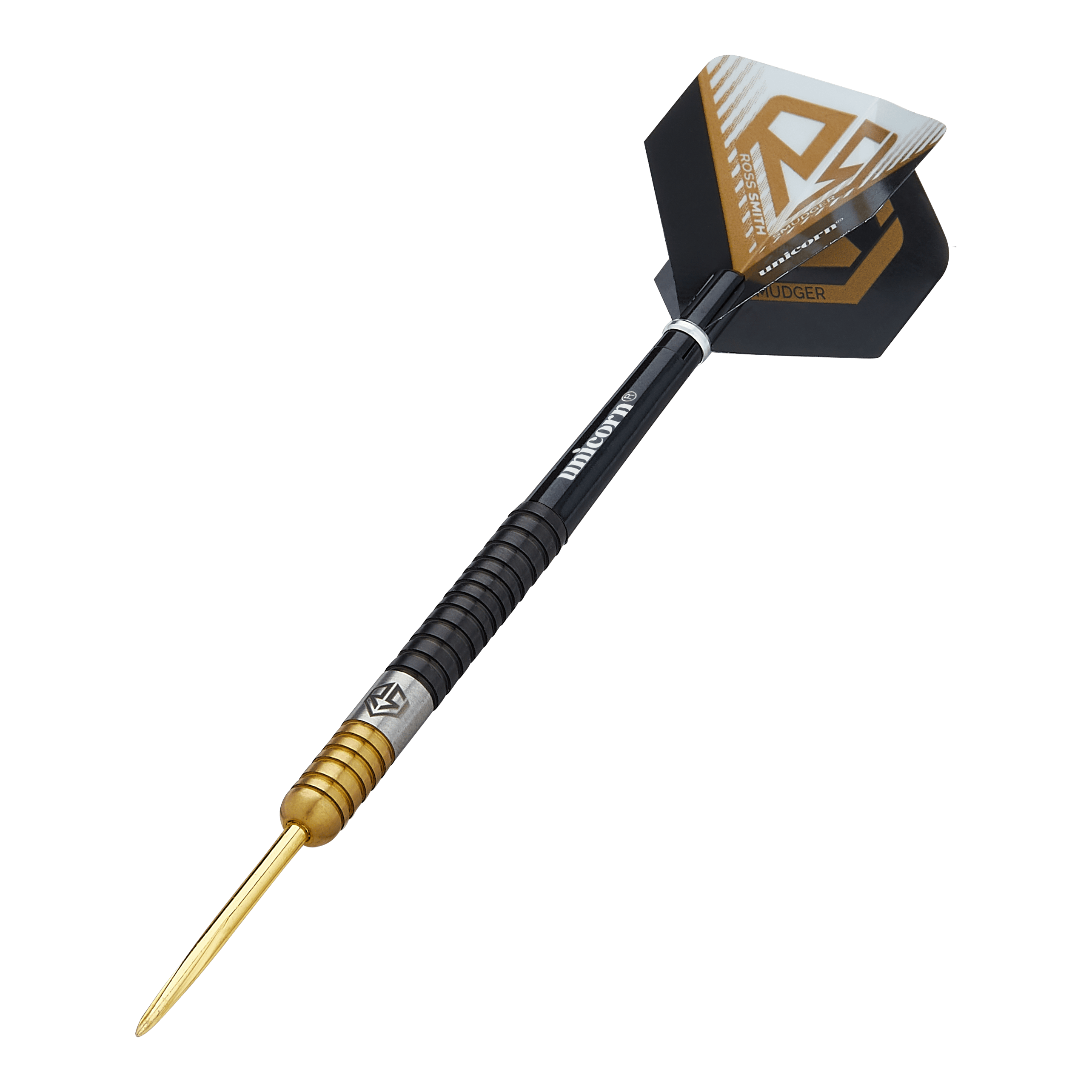 Freccette in acciaio bicolore Unicorn Ross Smith Dies ist ein Steeldart namens "Unicorn Ross Smith Two-Tone Steeldarts". Er hat eine goldene Spitze, einen zweifarbigen Griff und schwarze Flights mit gold-weißen Akzenten.